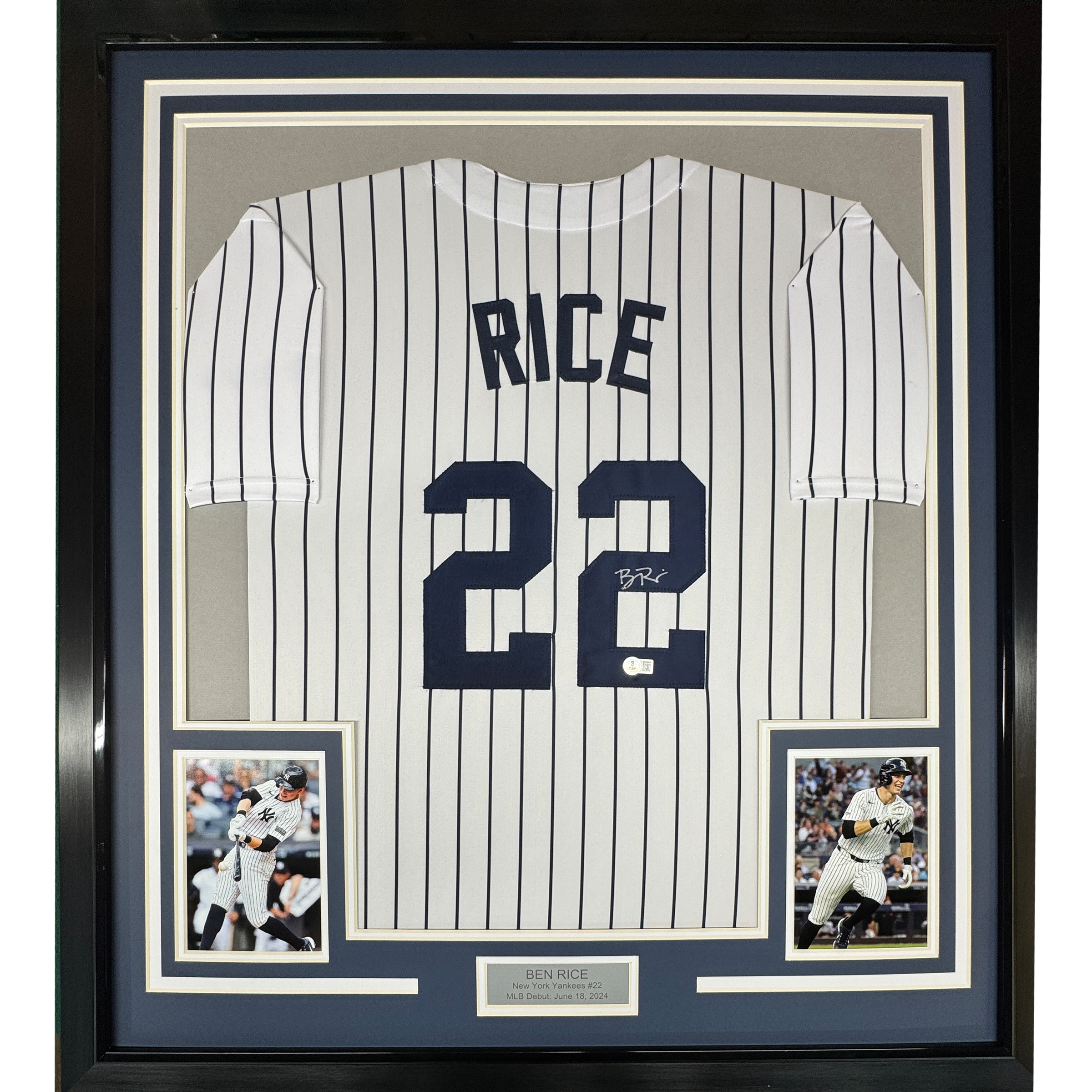 Framed Autographed/Signed Ben Rice 35x39 New York Pinstripe Baseball Jersey JSA COA