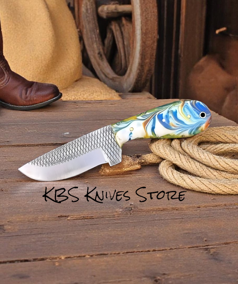 Best Cowboy Knife - 4 Inch Rasp Steel Fixed Blade with Sky Blue Epoxy Resin Handle