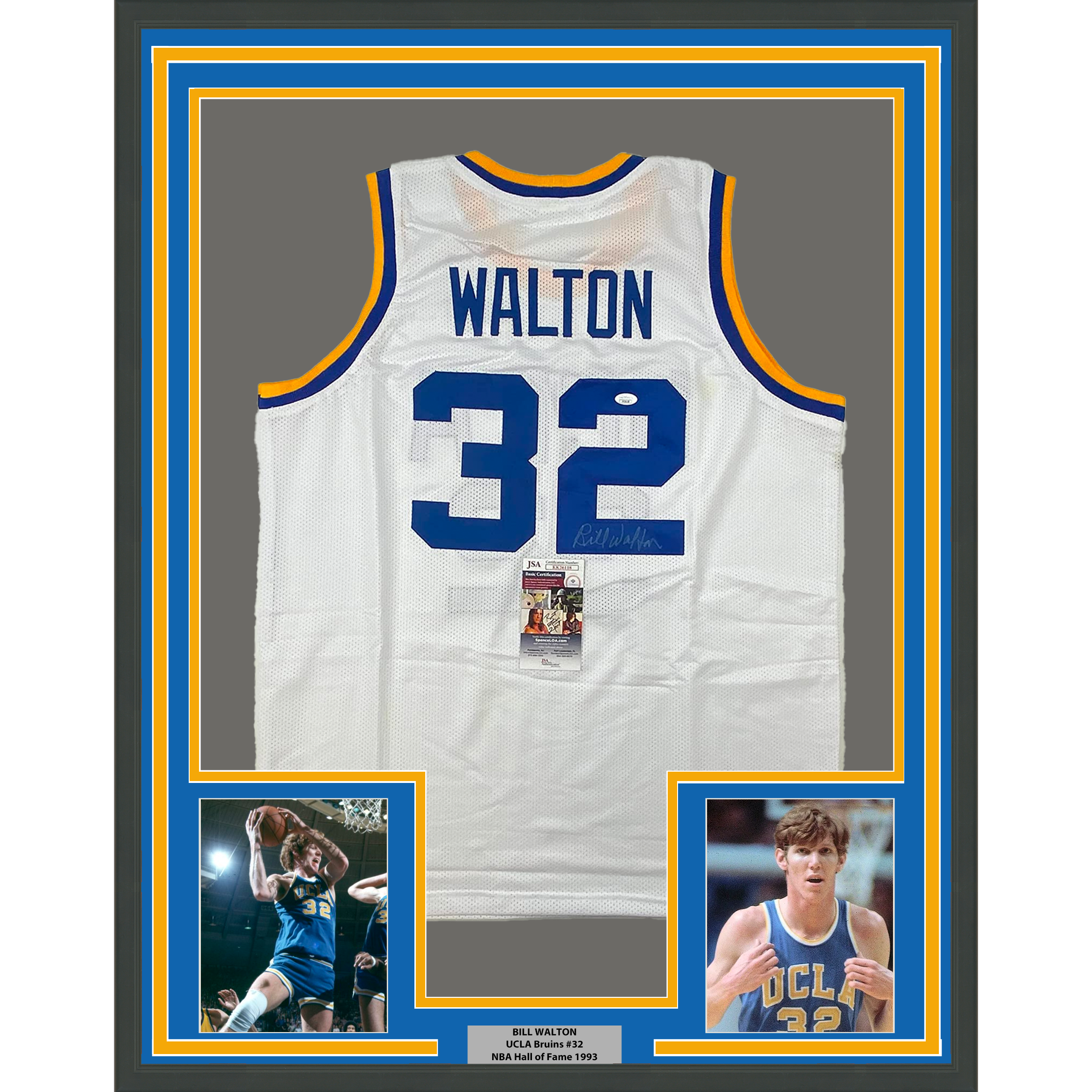 Framed Autographed/Signed Bill Walton 35x39 UCLA White College Basketball Jersey JSA COA