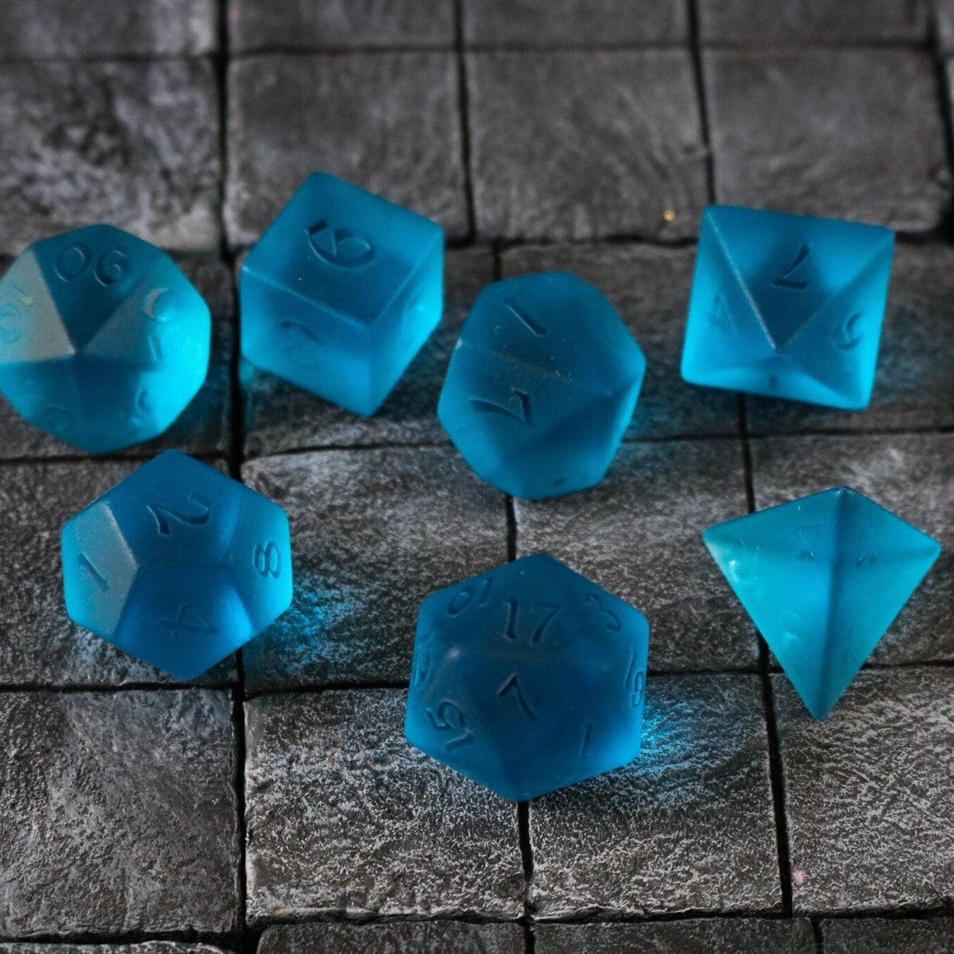 Blue Zircon Hand Carved Glass DND Dice Set