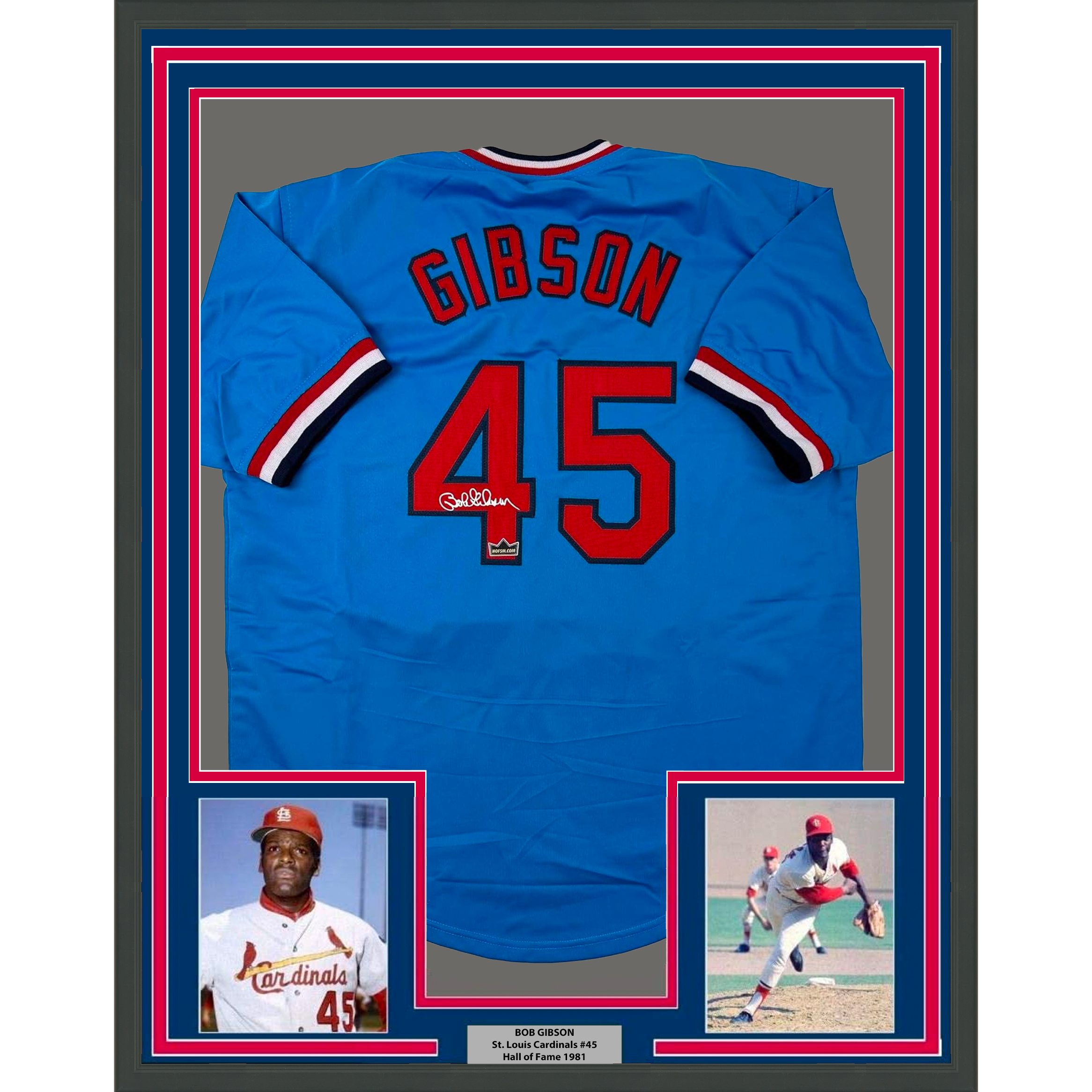 Framed Facsimile Autographed Bob Gibson 35x39 St. Louis Blue Reprint Laser Auto Baseball Jersey
