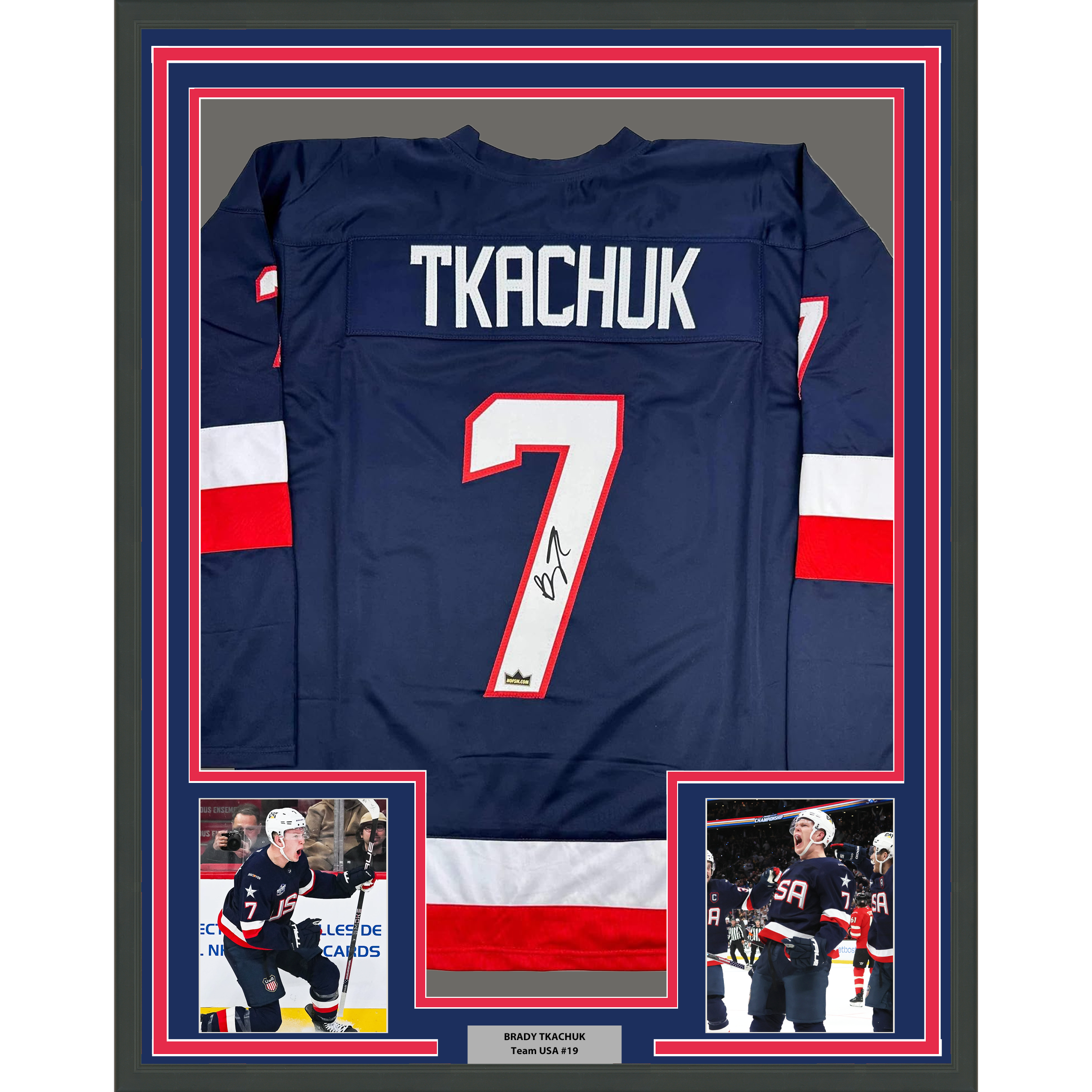 Framed Facsimile Autographed Brady Tkachuk 35x39 United States USA Blue 2025 4 Nations Face-Off Reprint Laser Auto Hockey Jersey