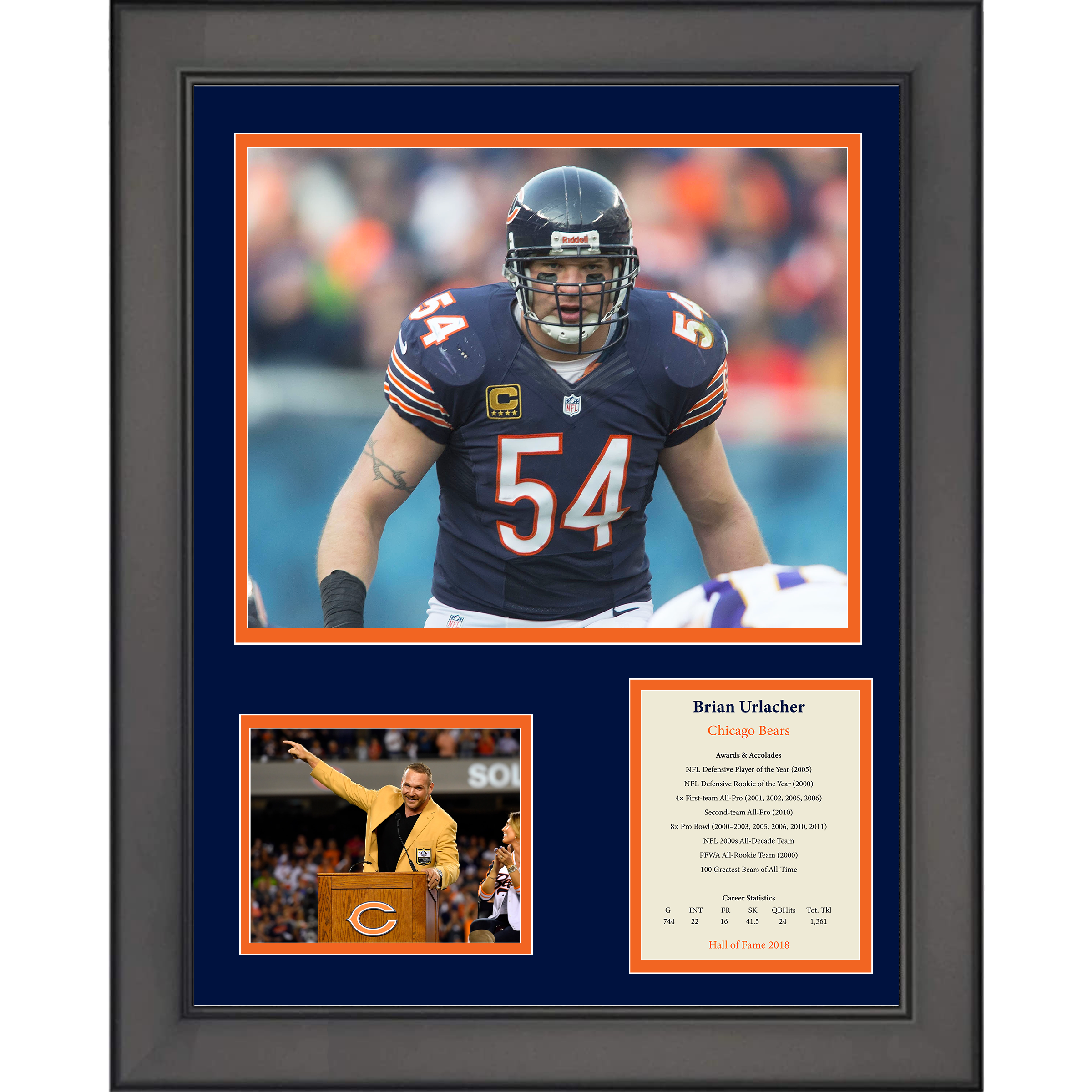 Framed Brian Urlacher Hall of Fame Chicago Bears 11"x14" Football Three Photo Collage