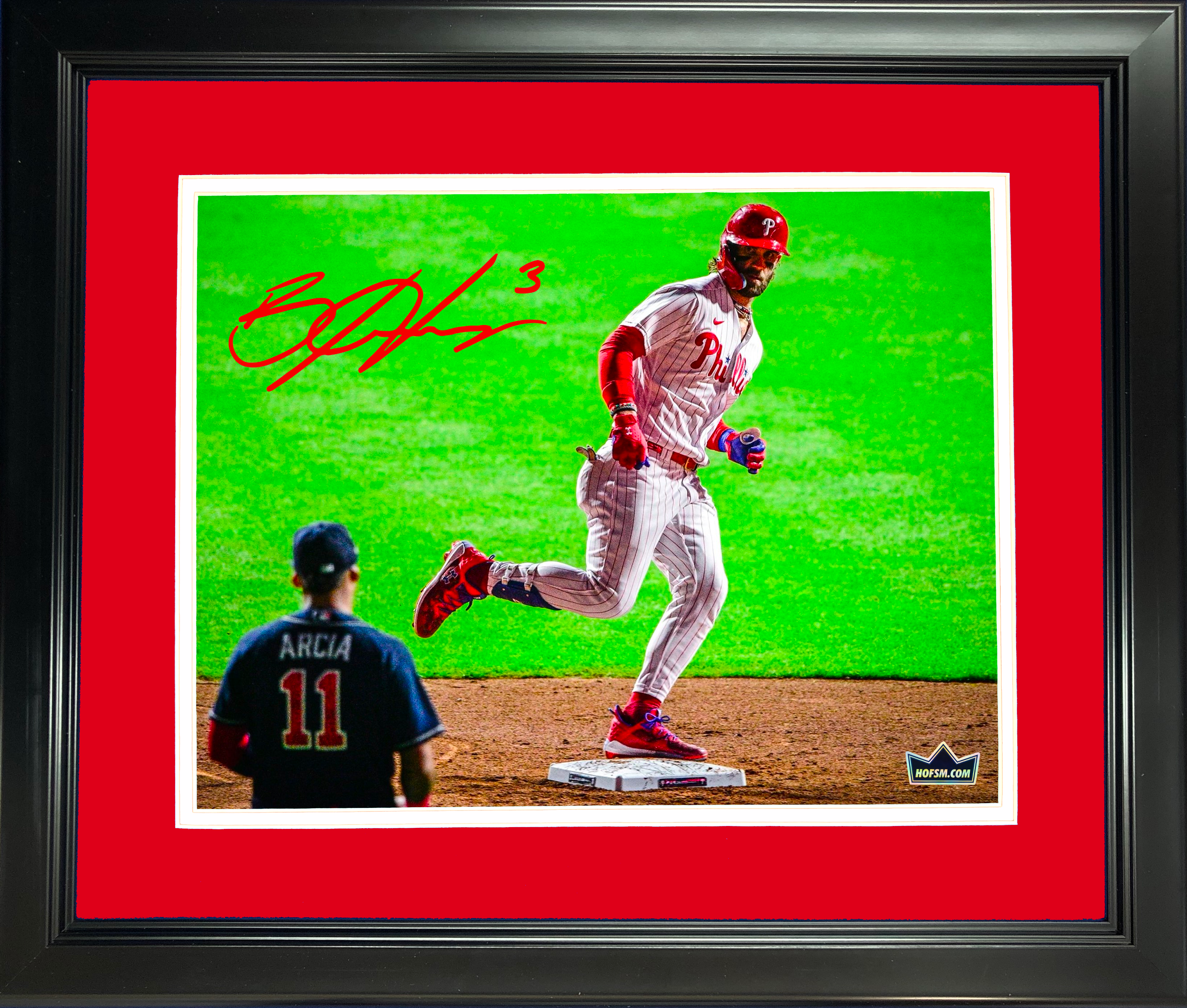 Framed Bryce Harper 2023 NLDS Home Run Orlando Arcia  Stare Down  Philadelphia Phillies Facsimile Laser Engraved Signature Auto 11"x14" Baseball Photo HOFSM Holo