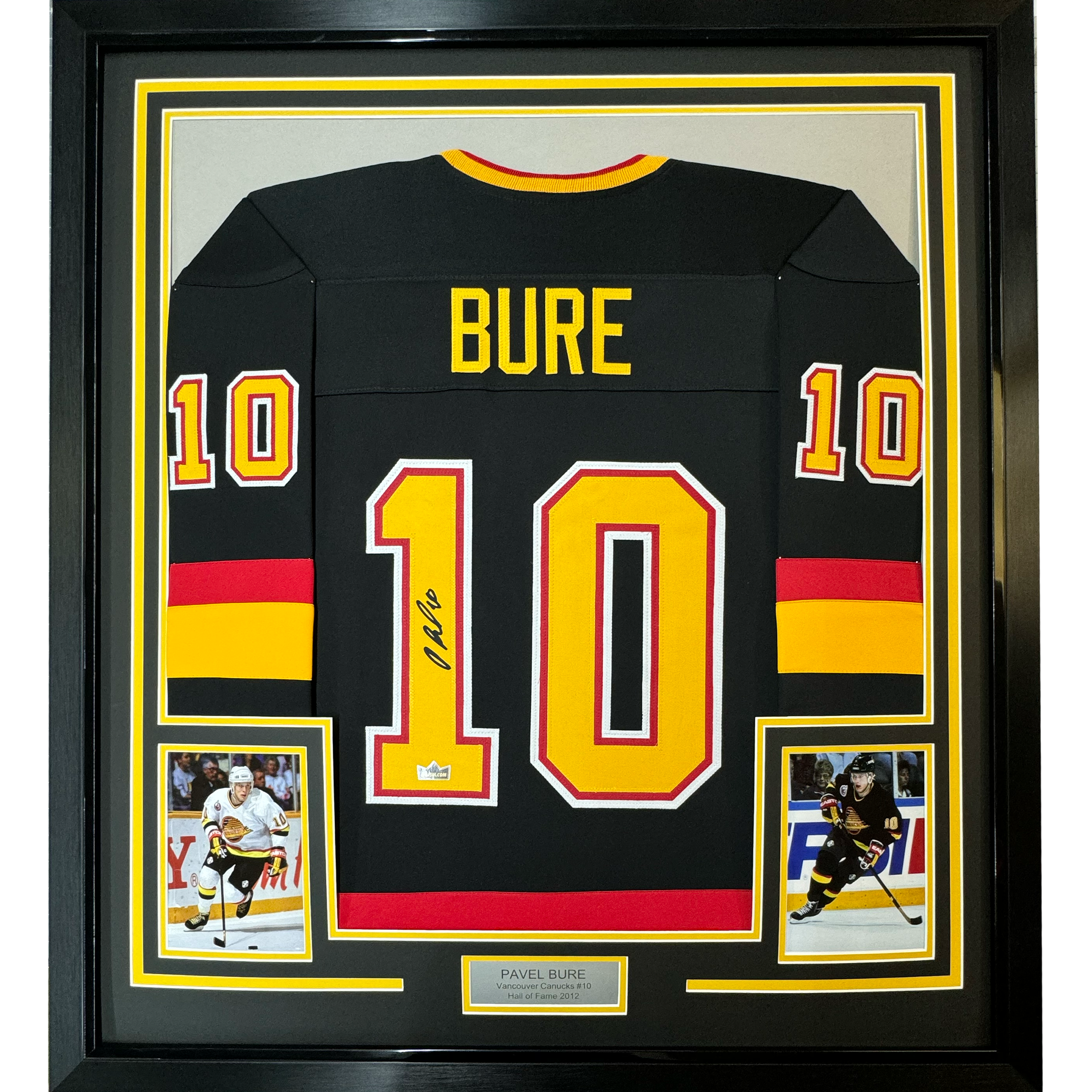 Framed Facsimile Autographed Pavel Bure 35x39 Vancouver Black Reprint Laser Auto Hockey Jersey