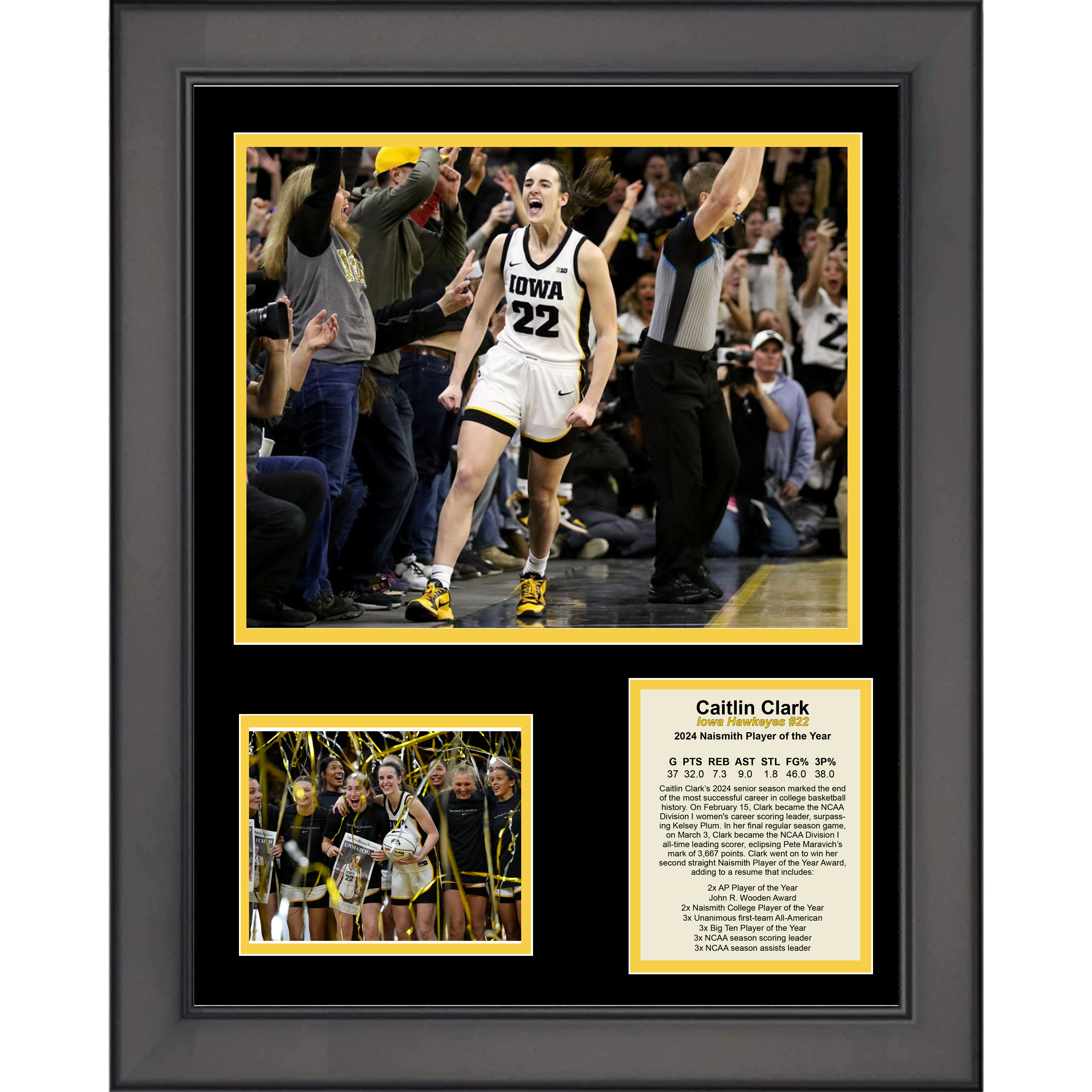Framed Caitlin Clark 2024 Naismith Player of the Year Scoring Leader NCAA College Basketball 11"x14" Three Photo Collage