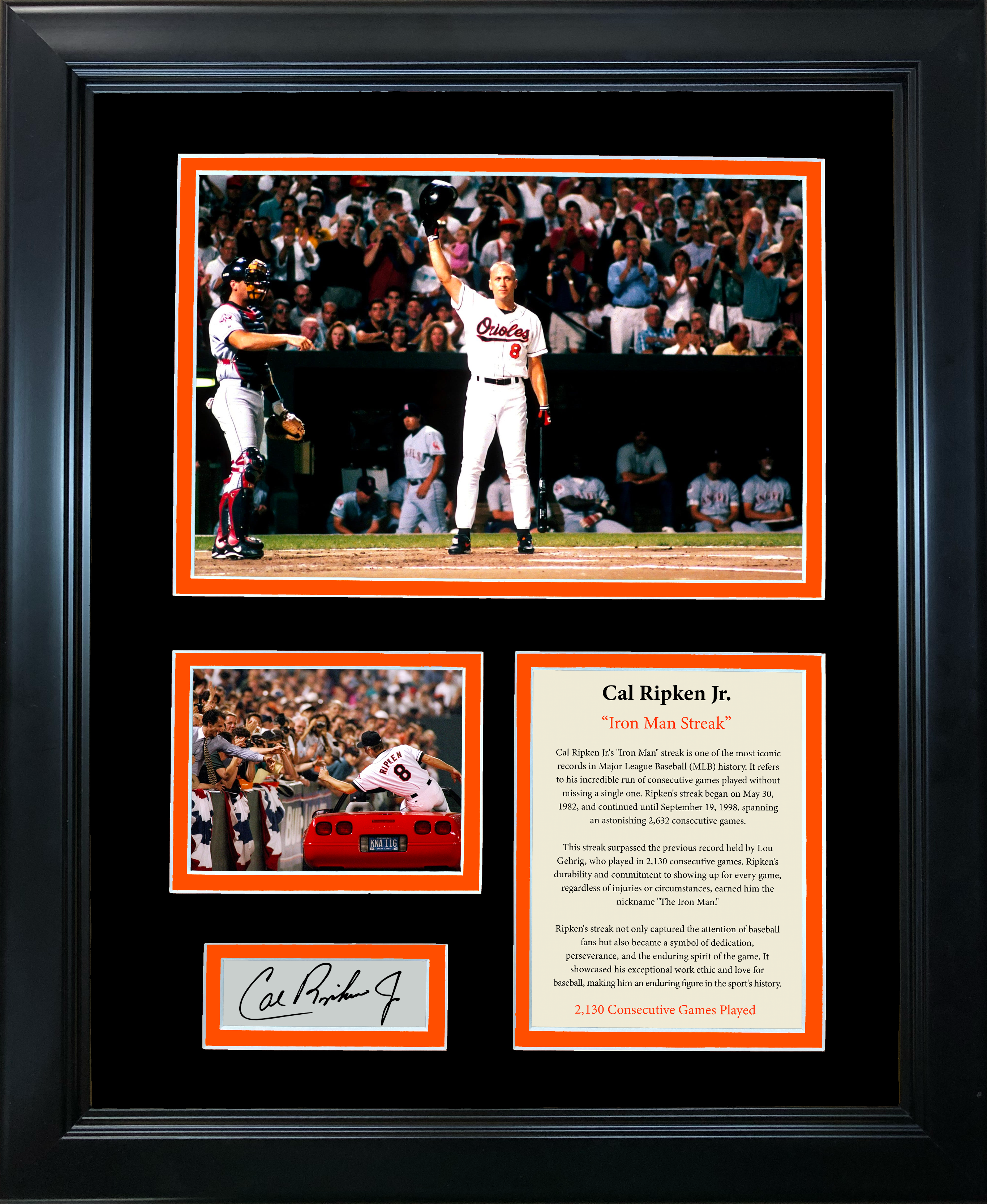 Framed Cal Ripken Jr.  Iron Man Streak  2,632 Consecutive Games Facsimile Laser Engraved Signature Auto Baltimore Orioles 11"x14" Baseball Photo Sig Collage