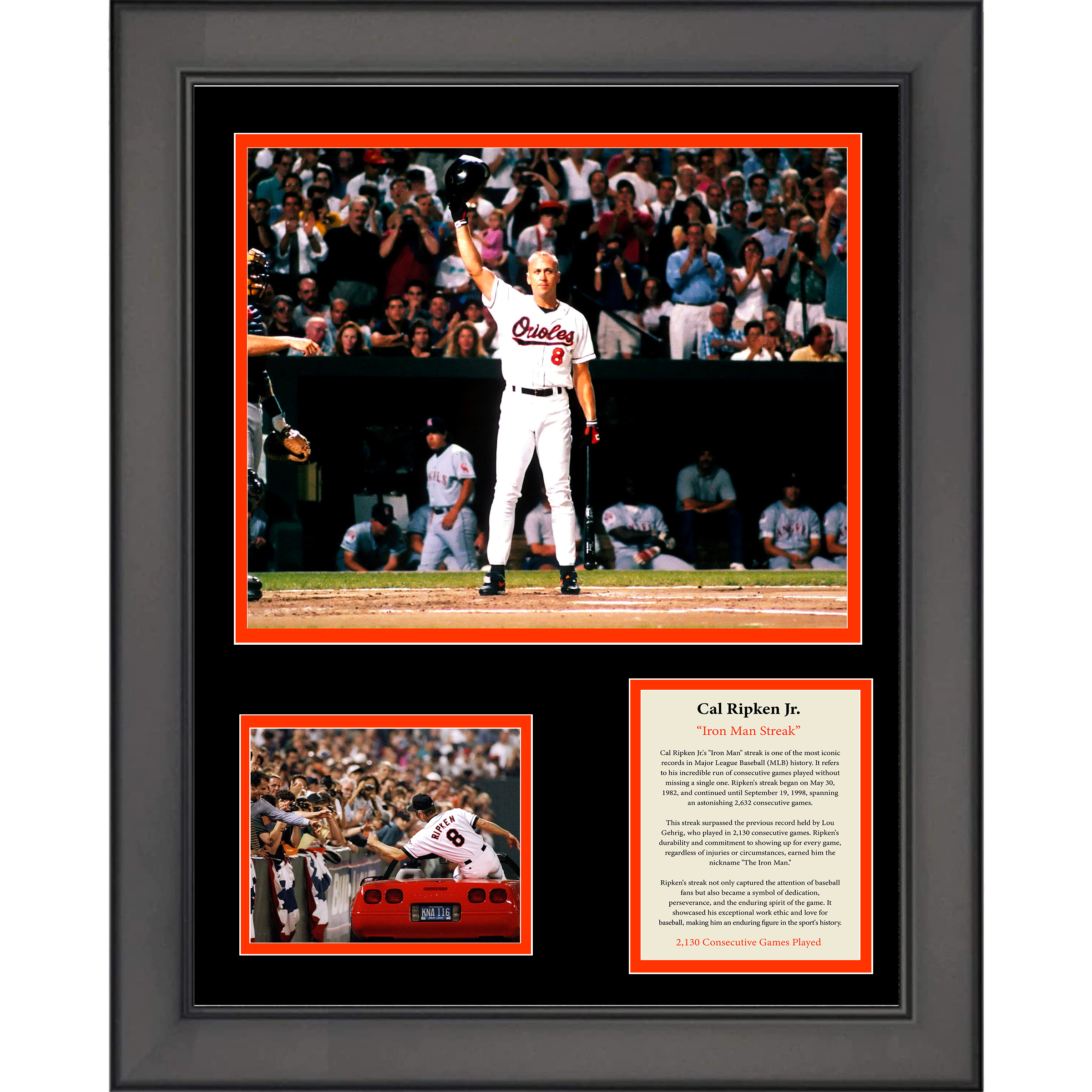 Framed Cal Ripken Jr.  Iron Man Streak  2,632 Consecutive Games Played Record Baltimore Orioles 11"x14" Baseball Three Photo Collage