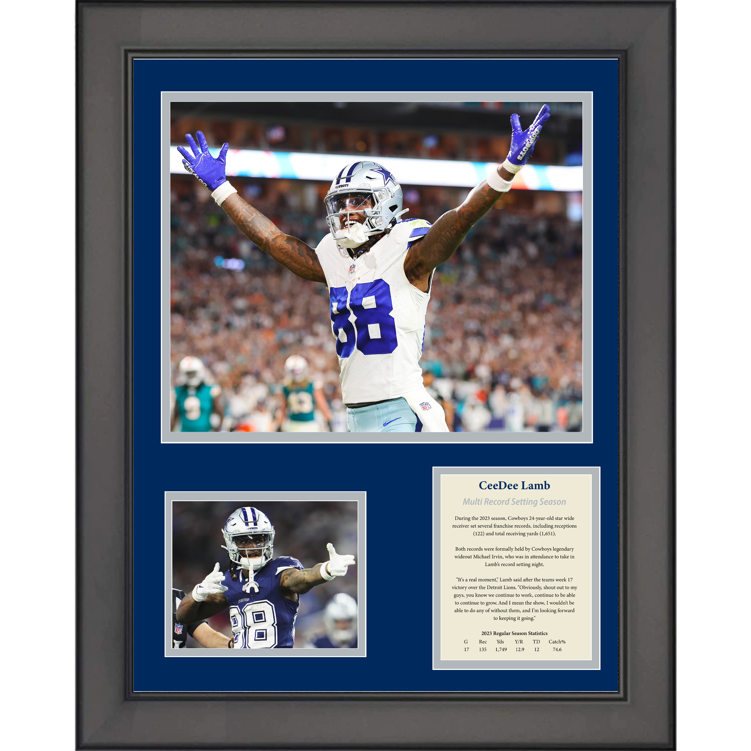 Framed CeeDee Lamb Dallas Cowboys Single Season Record Receptions & Yards 11"x14" Three Photo Collage