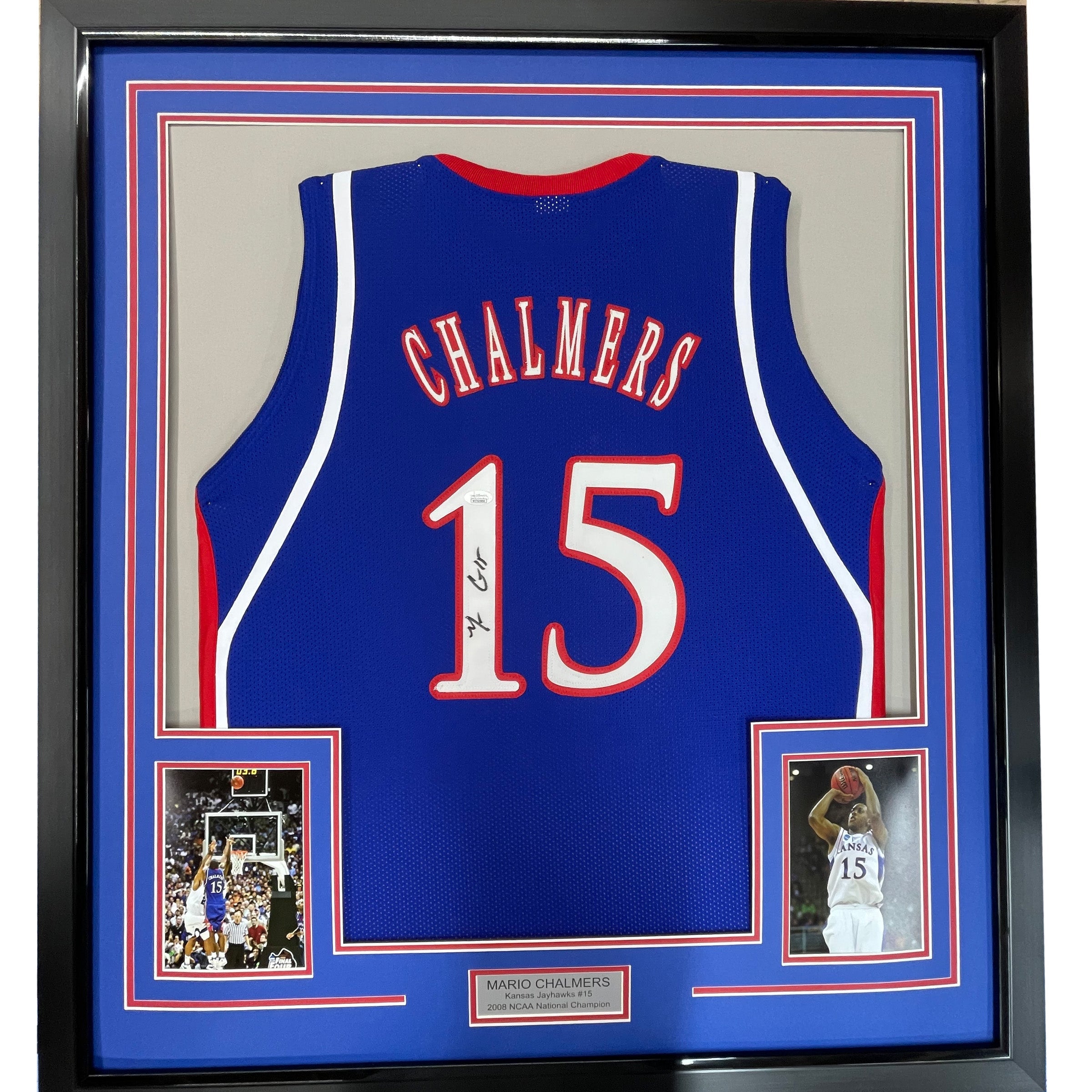 Framed Autographed/Signed Mario Chalmers 35x39 Kansas Blue College Basketball Jersey JSA COA