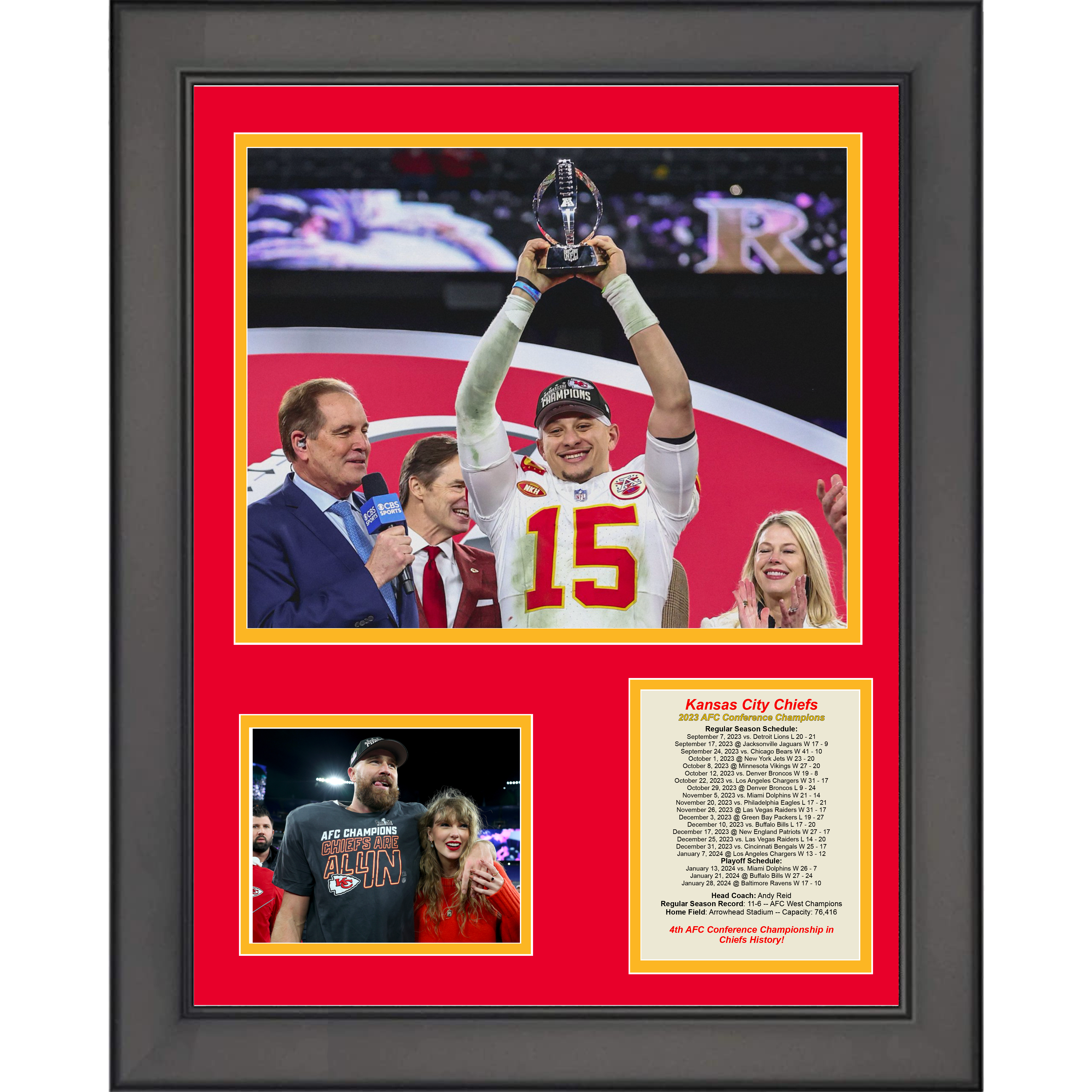 Framed Kansas City Chiefs 2023 AFC Conference Champions Football 11"x14" Three Photo Collage