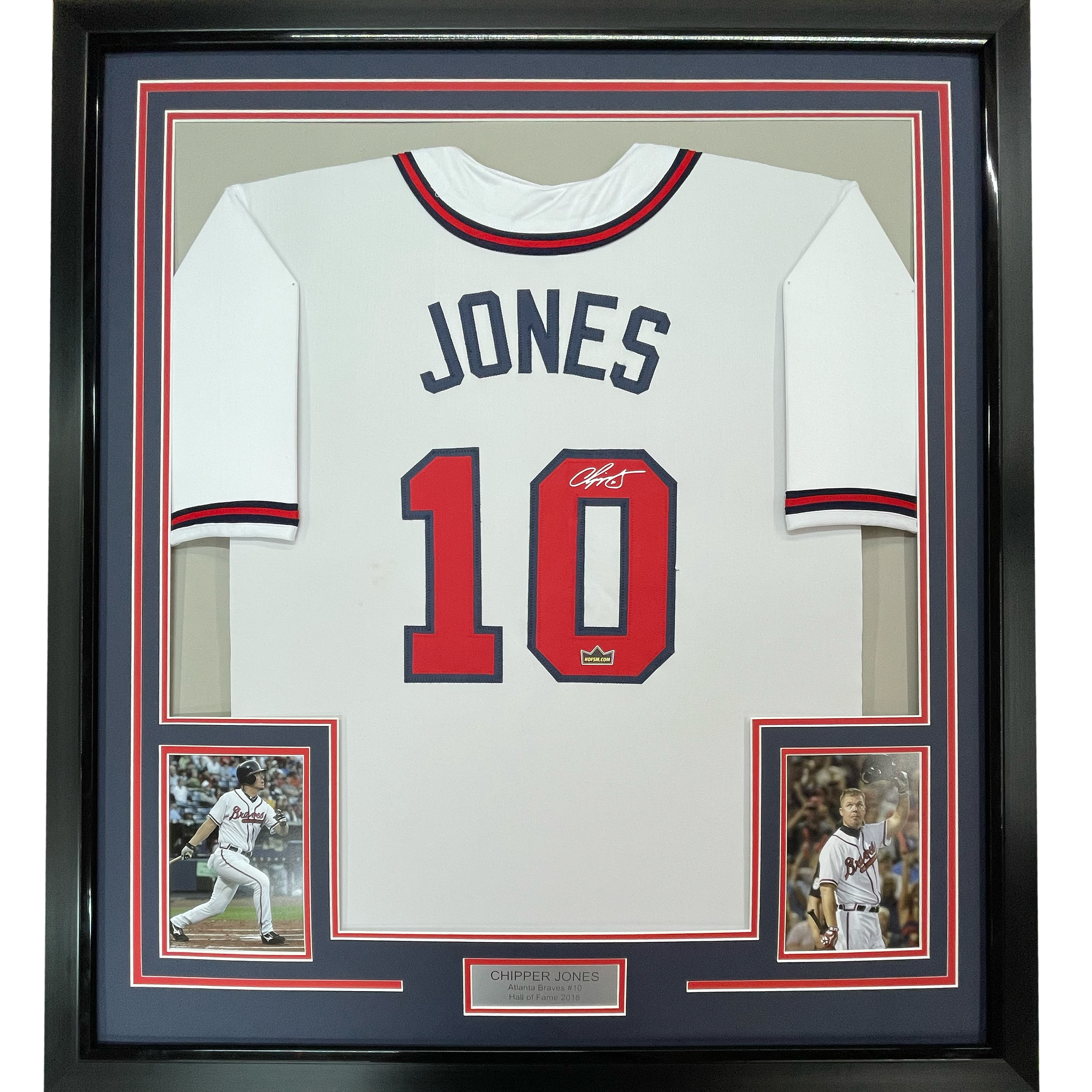Framed Facsimile Autographed Chipper Jones 35x39 Atlanta White Reprint Laser Auto Baseball Jersey