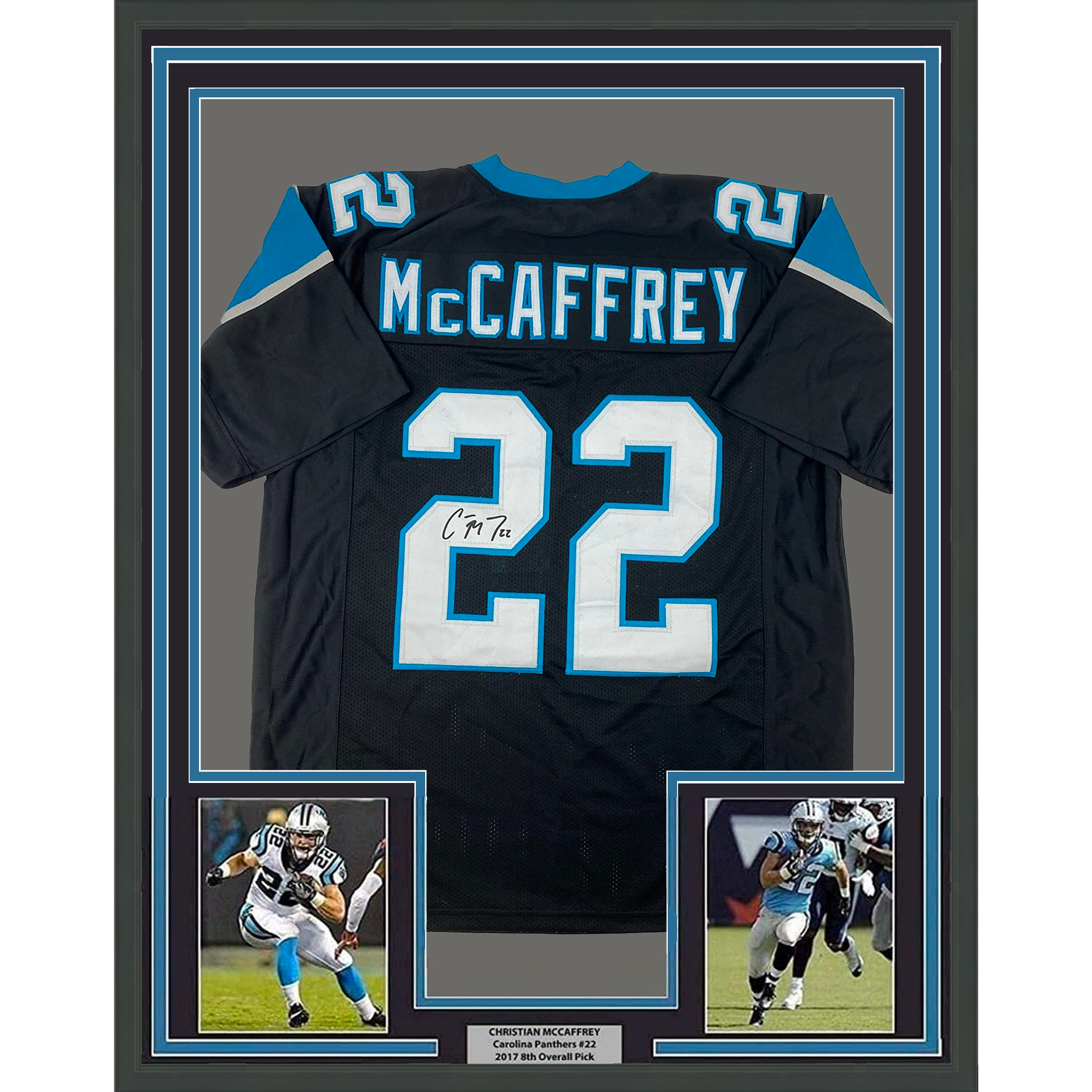 Framed Facsimile Autographed Christian McCaffrey 35x39 Carolina Black Reprint Laser Auto Football Jersey Size Men's XL