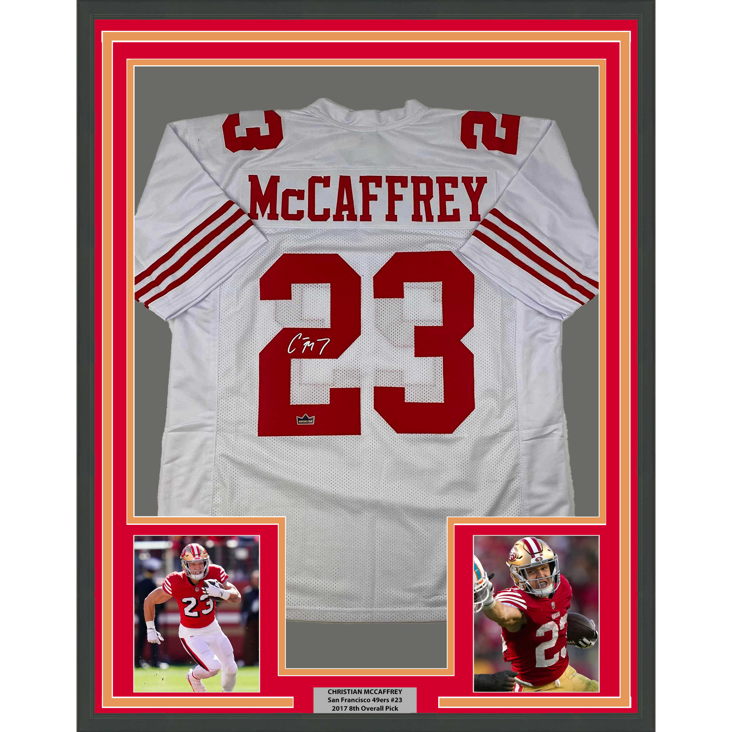 Framed Facsimile Autographed Christian McCaffrey 35x39 San Francisco White Reprint Laser Auto Football Jersey