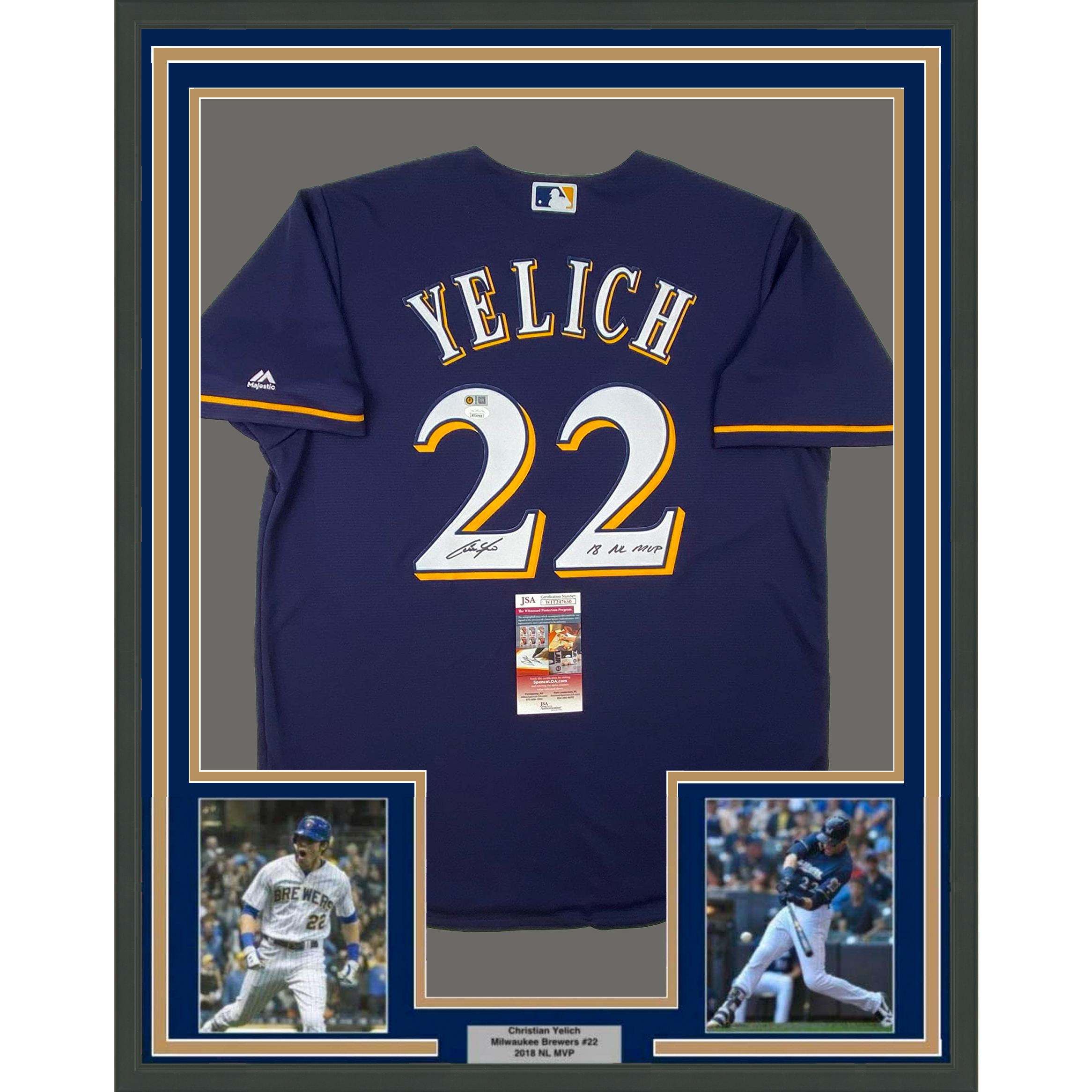 Framed Autographed/Signed Christian Yelich 35x39 18 NL MVP Milwaukee Brewers Blue Cool Base Baseball Jersey JSA COA