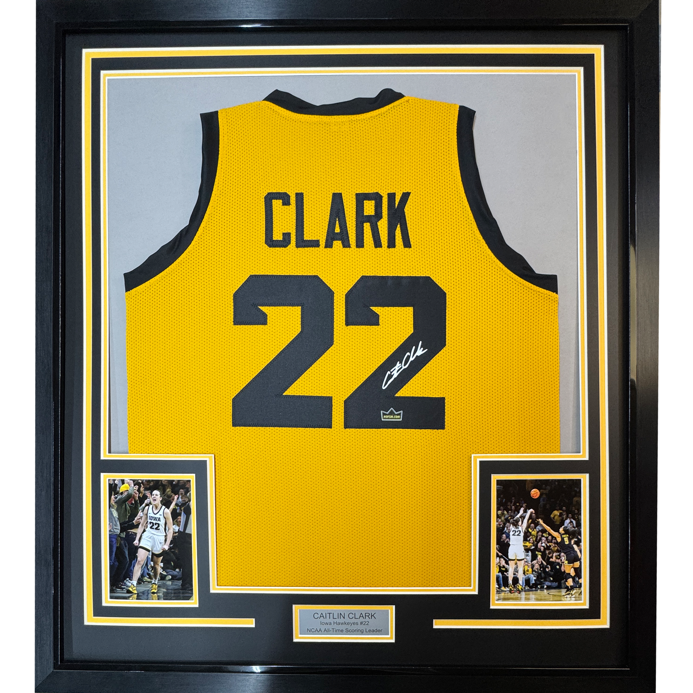 Framed Facsimile Autographed Caitlin Clark 35x39 Iowa Yellow Reprint Laser Auto College Basketball Jersey