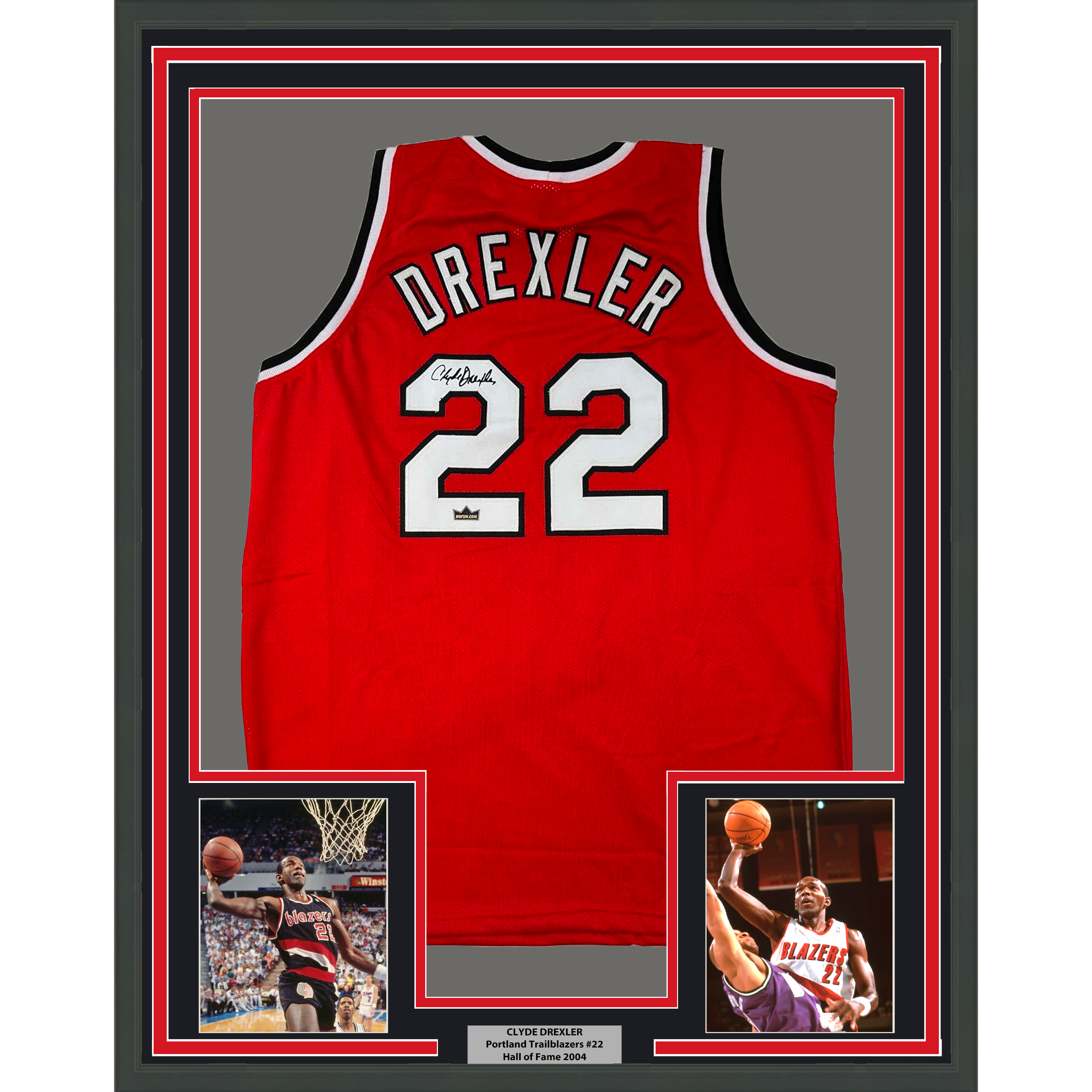 Framed Facsimile Autographed Clyde Drexler 35x39 Portland Red Reprint Laser Auto Basketball Jersey