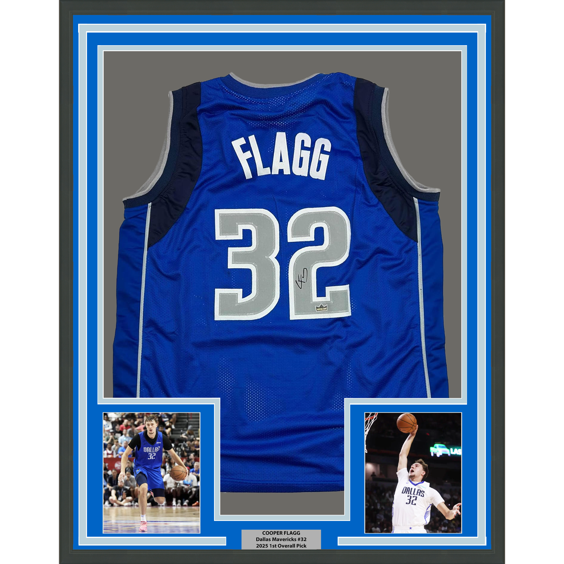 Framed Facsimile Autographed Cooper Flagg 35x39 Dallas Blue Reprint Laser Auto Basketball Jersey