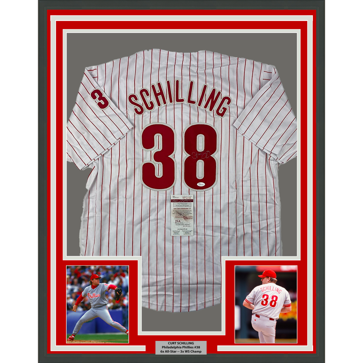 Framed Autographed/Signed Curt Schilling 35x39 Philadelphia Pinstripe Baseball Jersey JSA COA