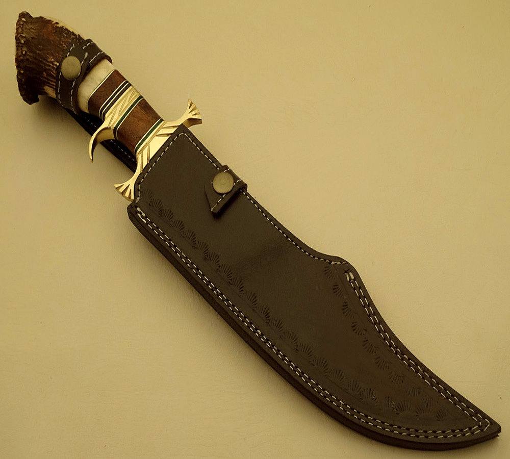 Custom Handcrafted Bowie Knife - Damascus Steel Blade, Rosewood Handle with Brass Double Guard & Stag Crown, 15" Overall Length | Leather Sheath | KBS Knives