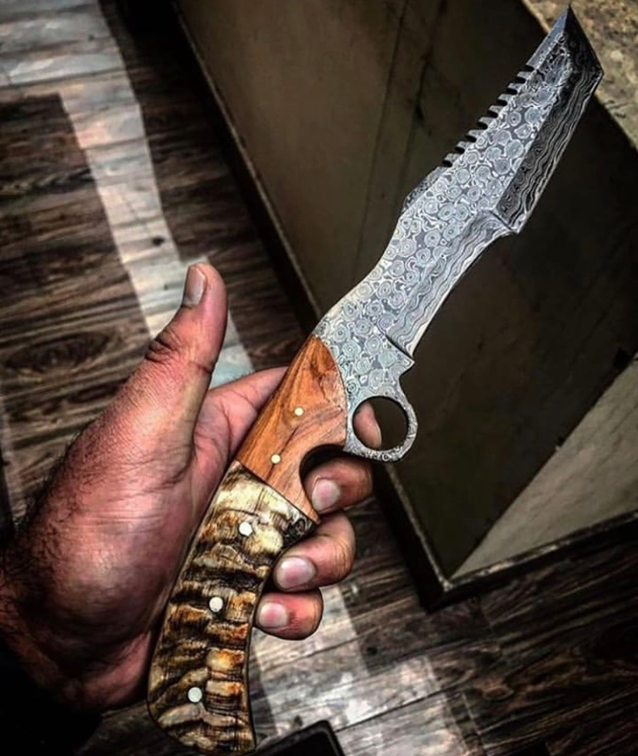 Custom Handcrafted Raindrops Damascus Tanto Tactical Survival Tracker Knife - 13" Mountain Sheep Horn & Olivewood Handle with Finger Hole | Horizontal Leather Sheath | KBS Knives