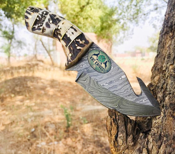 Custom Handmade Damascus Steel Guthook Knife for Deer Skinning - 8 Inch Antler Horn Handle - Premium Quality by KBS Knives