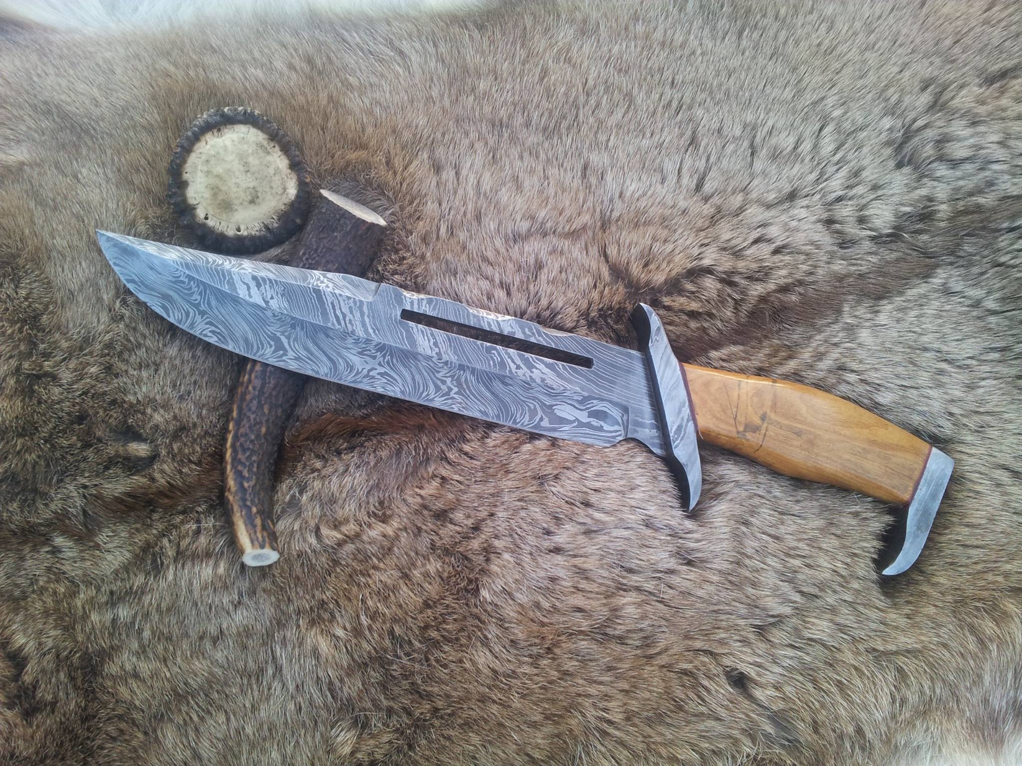 Rambo Knife for Sale - Custom Handmade Damascus Bowie with Olivewood Handle
