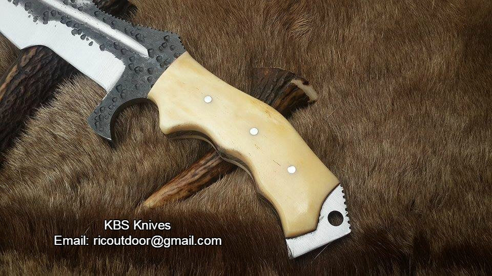 Custom Handmade 1095 Steel Tanto Blade Tracker Knife - Full Tang Bone Handle, 10.5" Overall with Horizontal Leather Sheath | Ideal for Survival & Camping | KBS Knives