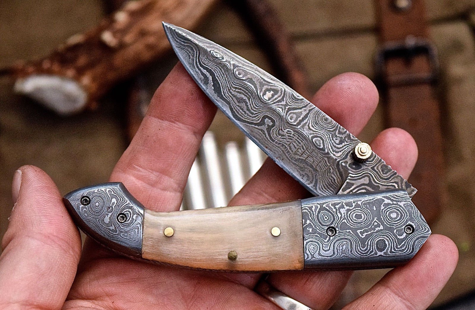 Everyday Carry Damascus Steel Pocket Knife - Buffalo Horn Excellence