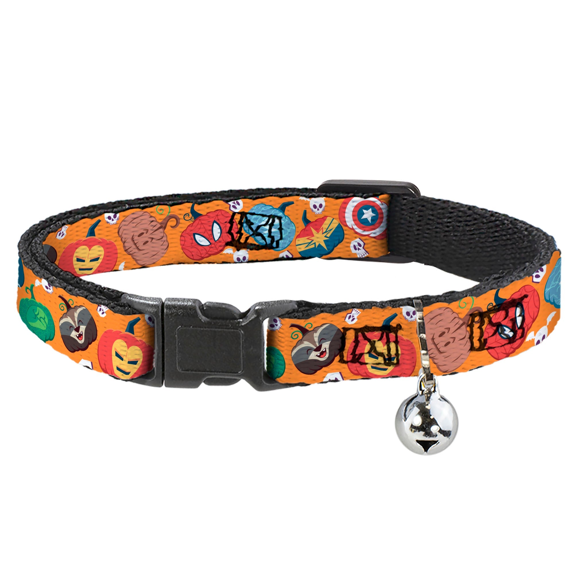 Cat Collar Breakaway with Bell - Marvel 9-Avengers Halloween Jack-O-Lantern Pumpkin Icons Scattered Orange