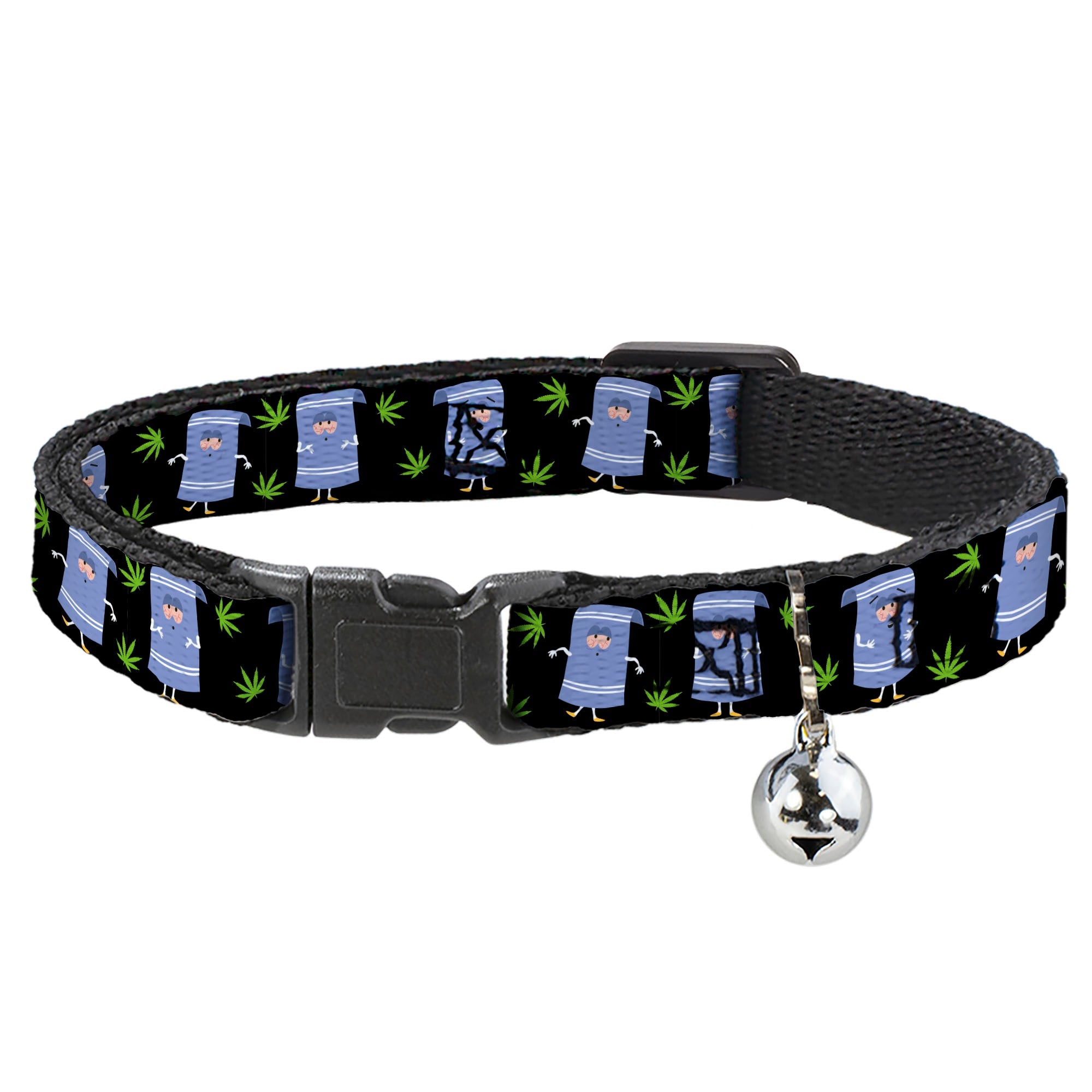 Breakaway Cat Collar with Bell - South Park Towlie and Scattered Pot Leaves Black