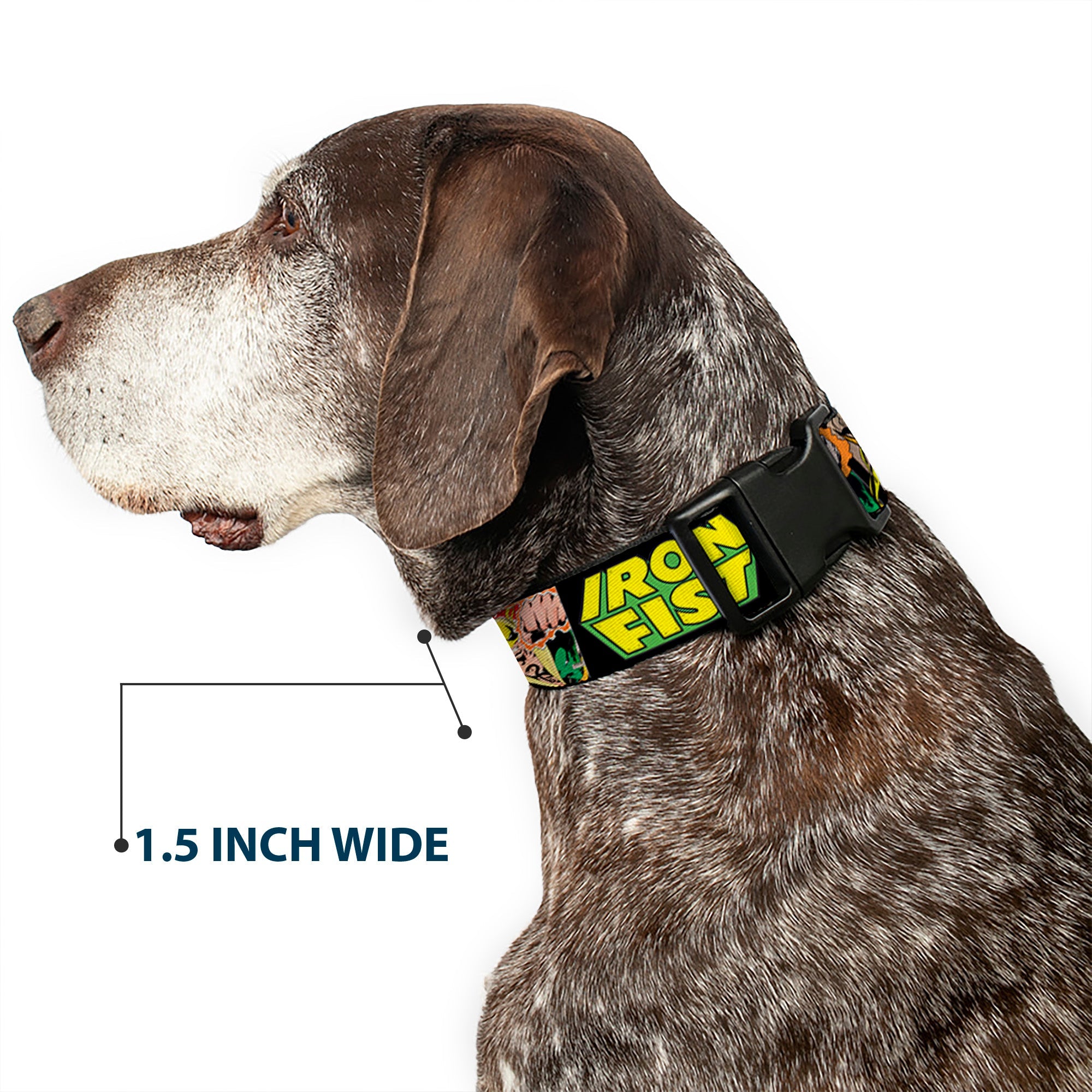Plastic Clip Collar - Retro IRON FIST Action Pose/Comic Scene Blocks Black/Green/Yellow