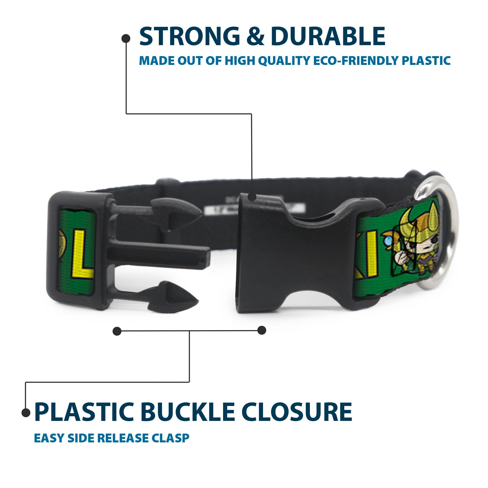 Plastic Clip Collar - Kawaii LOKI Standing Pose/Text Green/Yellow
