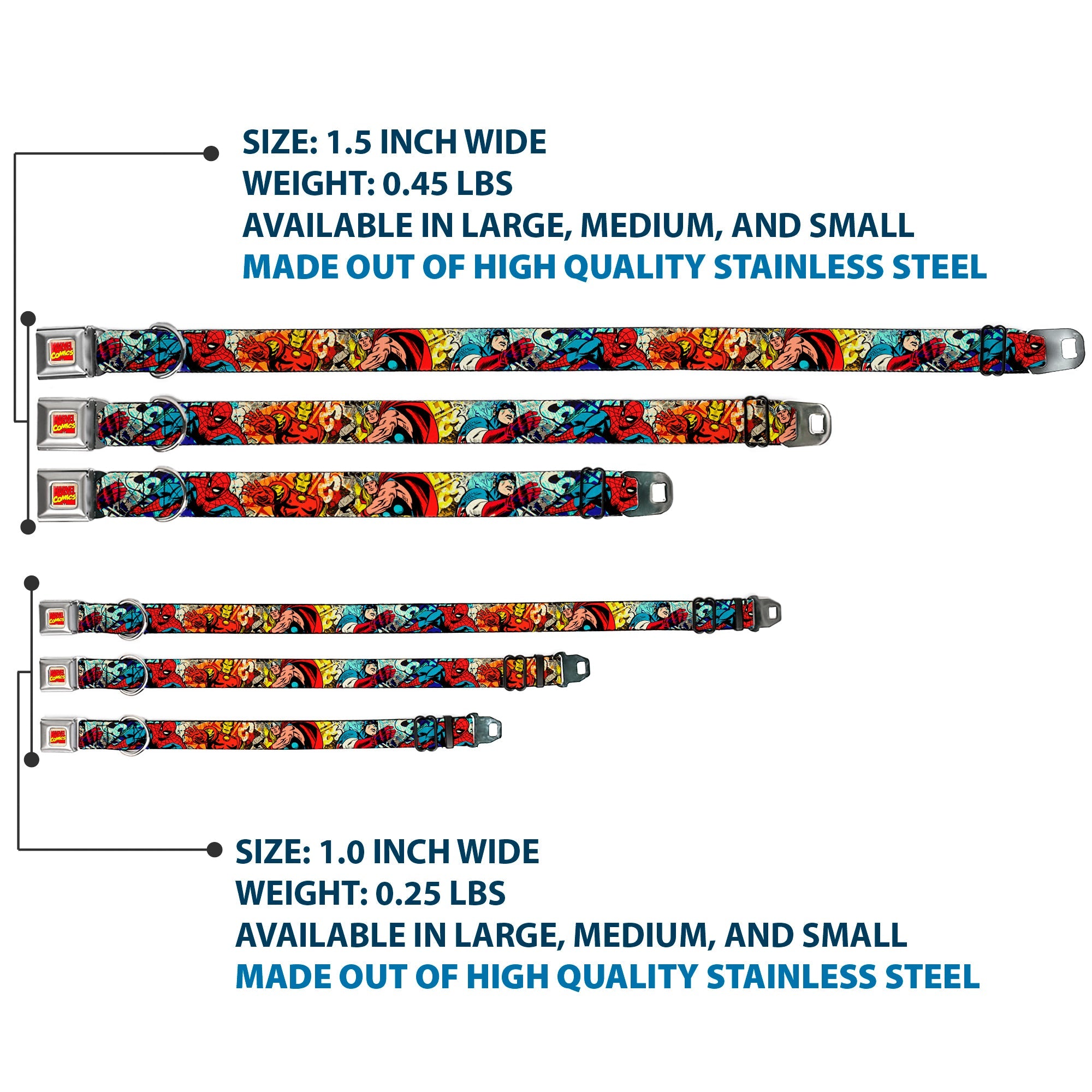 Marvel Comics Logo Full Color Seatbelt Buckle Collar - 4-Superhero Action Poses/Comic Scenes White/Black/Full Color Splatter