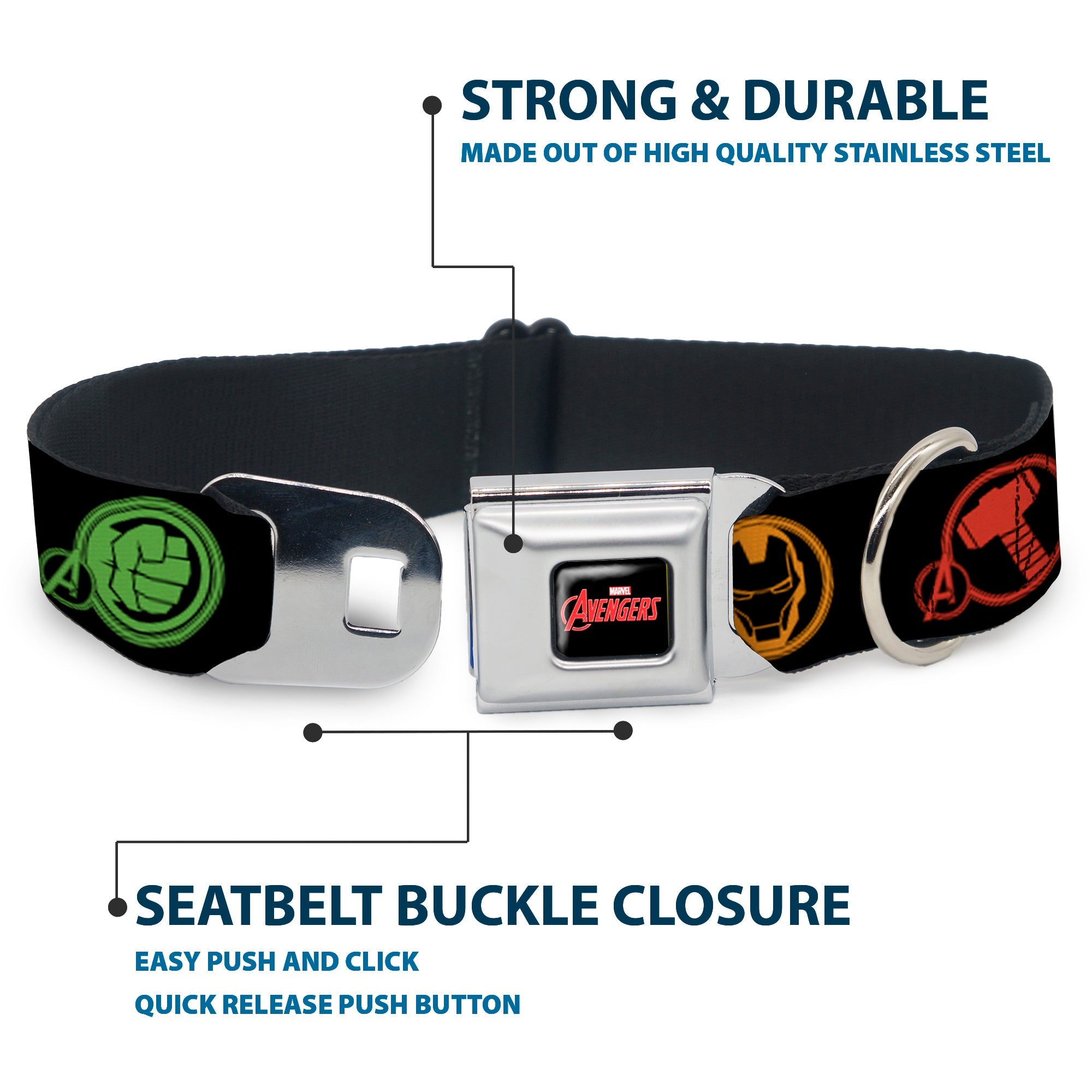 MARVEL AVENGERS Logo Full Color Black/Red/White Seatbelt Buckle Collar - Marvel Avengers Superhero Logos Black/Multi Color