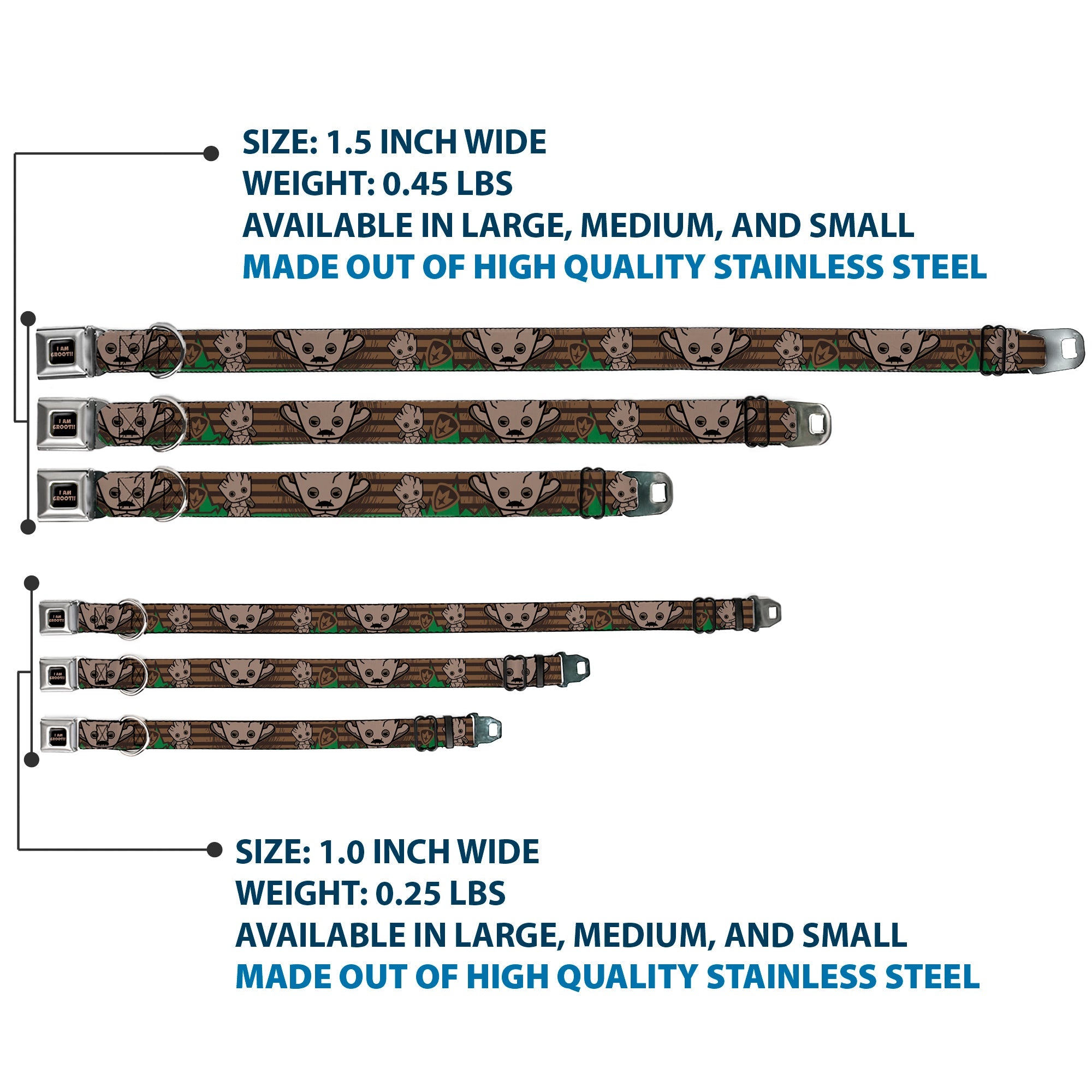 MARVEL UNIVERSE I AM GROOT!! Full Color Black Brown Seatbelt Buckle Collar - Kawaii Groot 2-Poses/Guardians Badge Browns/Green