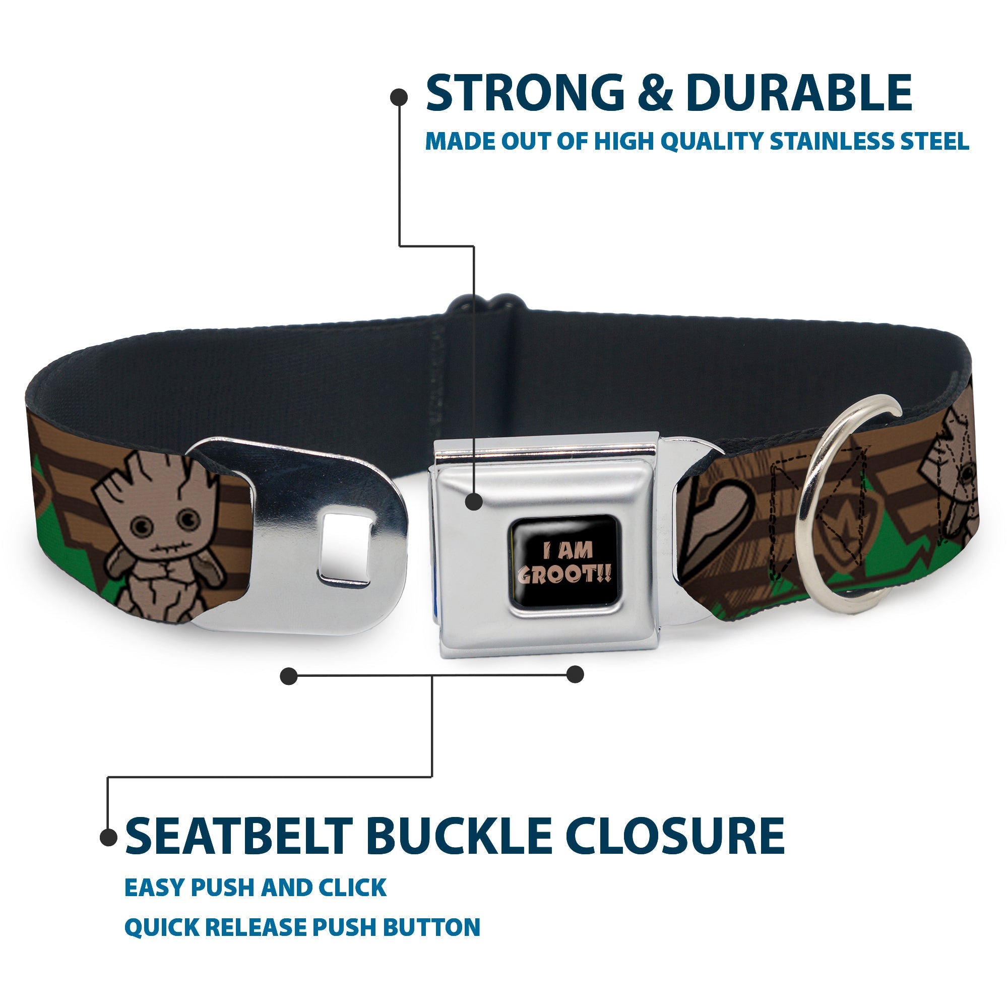 MARVEL UNIVERSE I AM GROOT!! Full Color Black Brown Seatbelt Buckle Collar - Kawaii Groot 2-Poses/Guardians Badge Browns/Green
