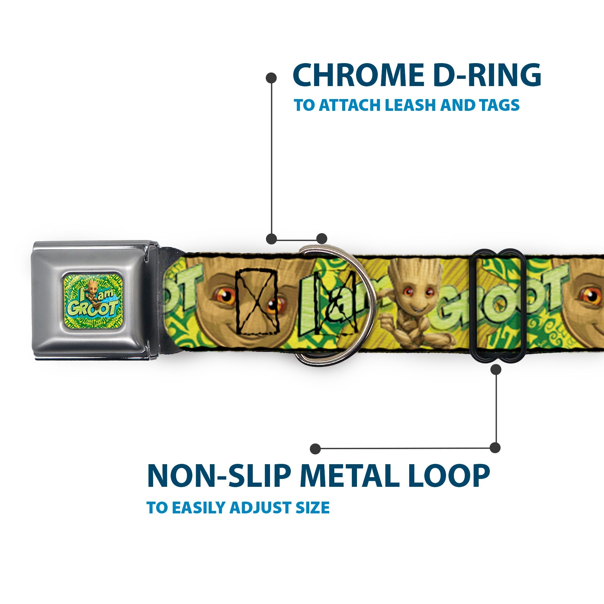 Baby Groot Running Pose I AM GROOT Full Color Greens/Yellows Seatbelt Buckle Collar - Baby Groot Pose/Face I AM GROOT Browns/Greens/Yellows