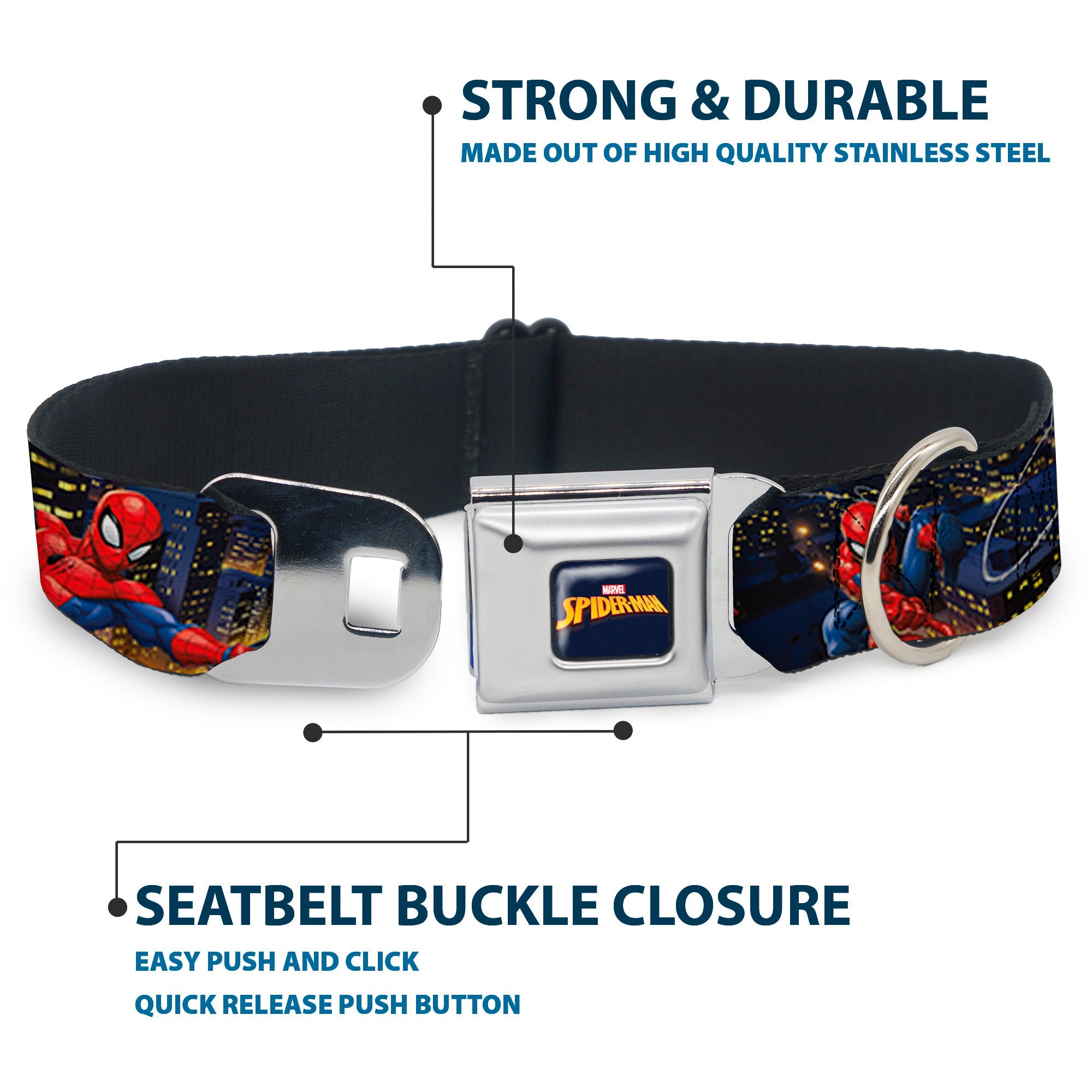 MARVEL SPIDER-MAN Title Logo Full Color Dark Blue Seatbelt Buckle Collar - SPIDER-MAN Title Logo and Action Skyline Poses