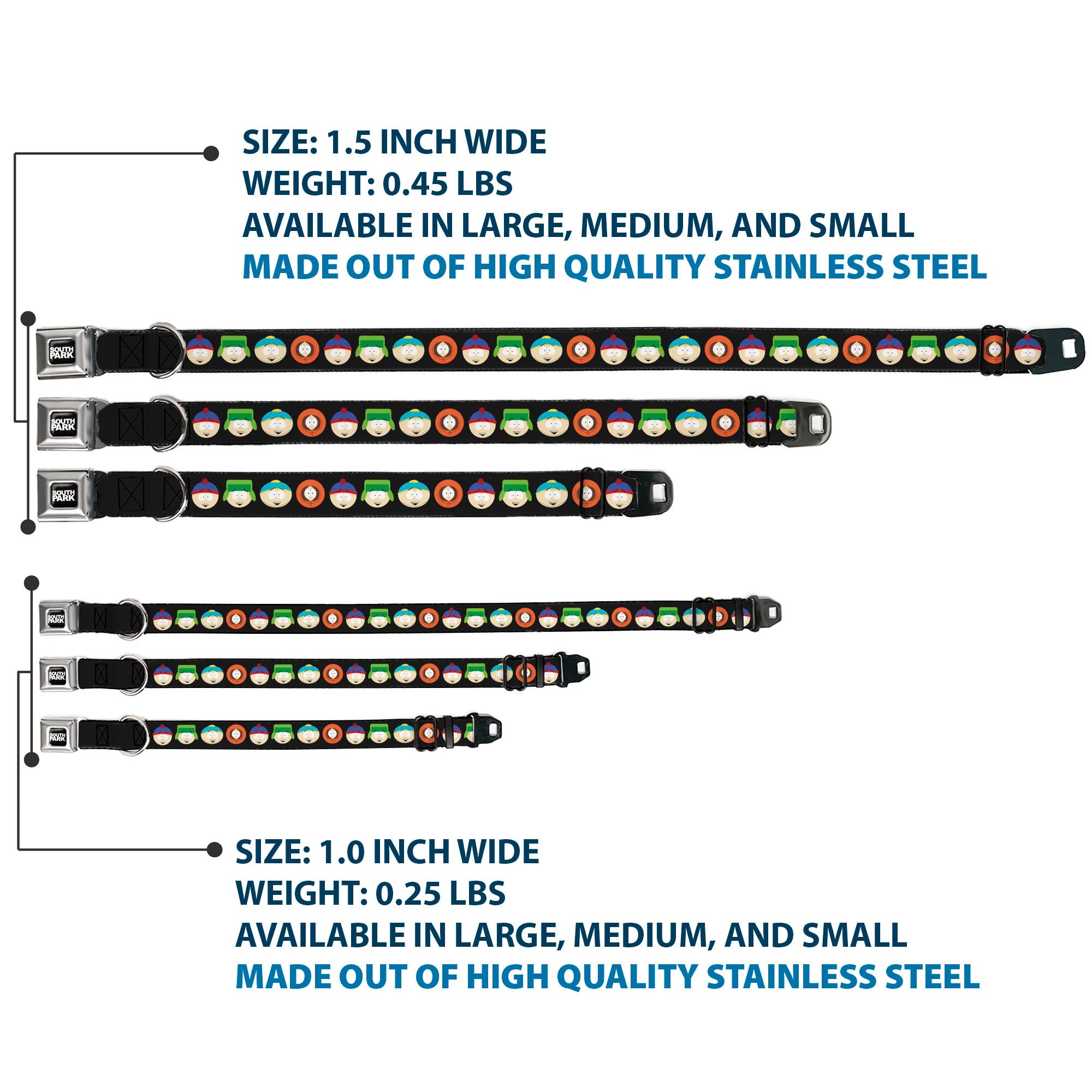 SOUTH PARK Title Logo Full Color Black/White Seatbelt Buckle Collar - South Park Boys Face Repeat Black