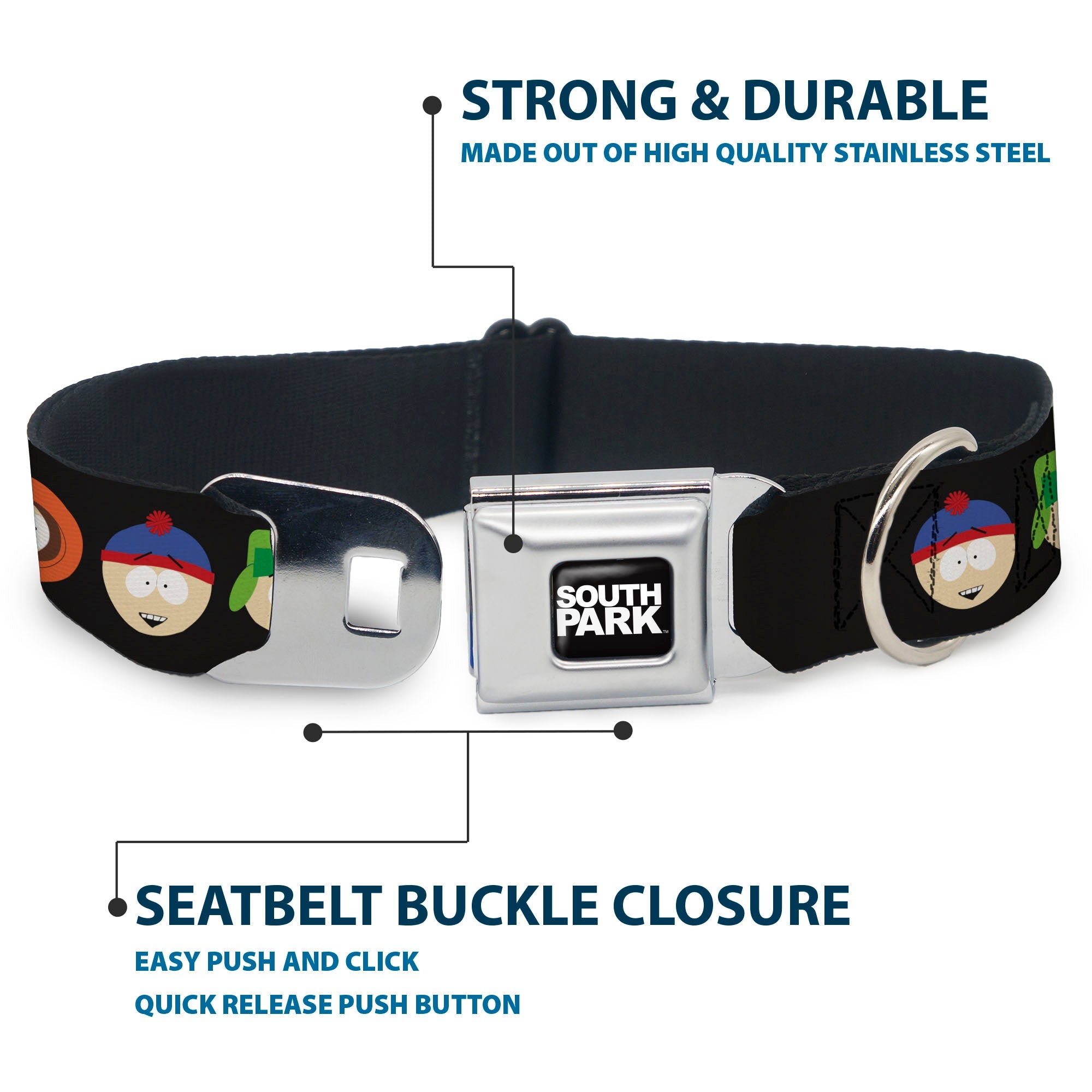 SOUTH PARK Title Logo Full Color Black/White Seatbelt Buckle Collar - South Park Boys Face Repeat Black