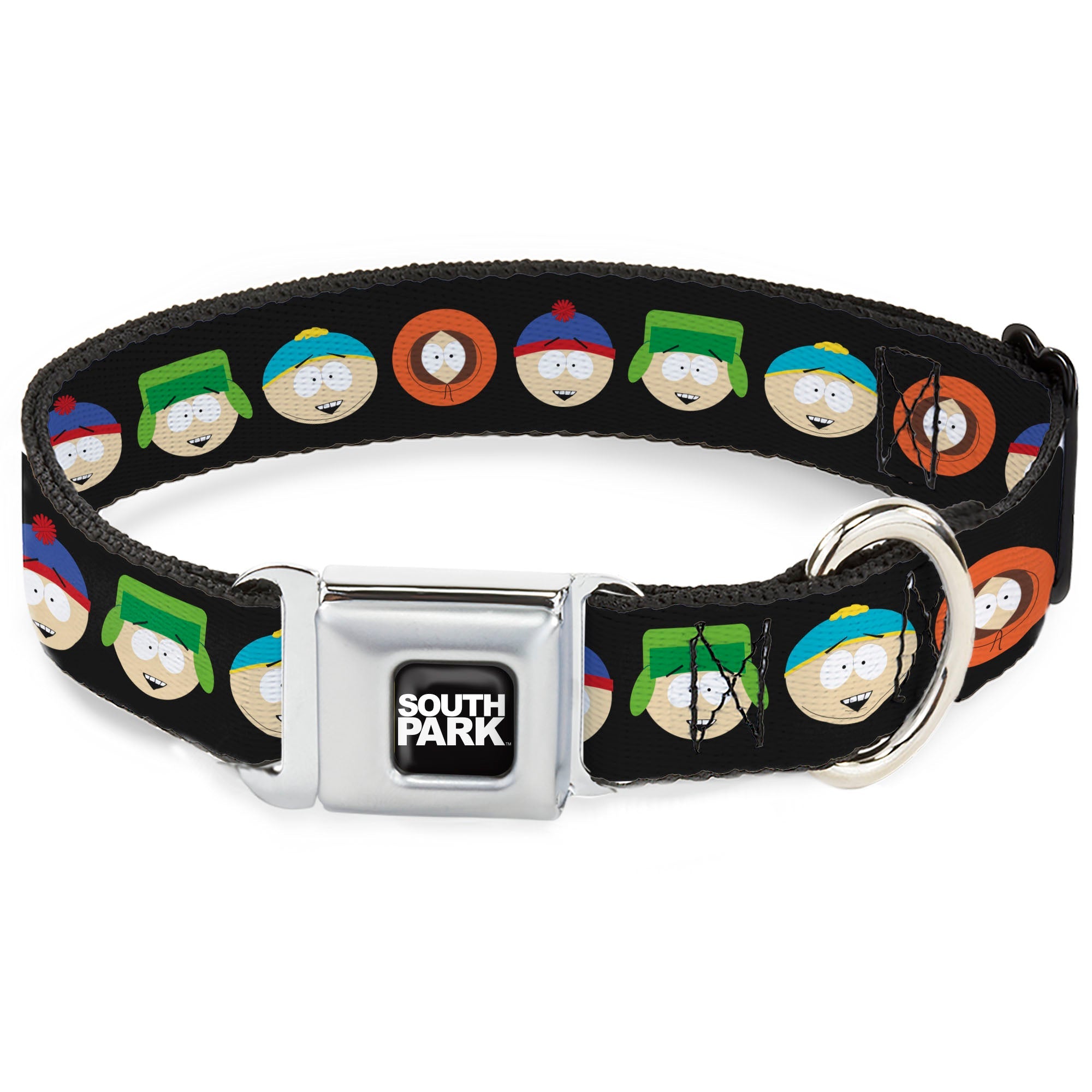 SOUTH PARK Title Logo Full Color Black/White Seatbelt Buckle Collar - South Park Boys Face Repeat Black