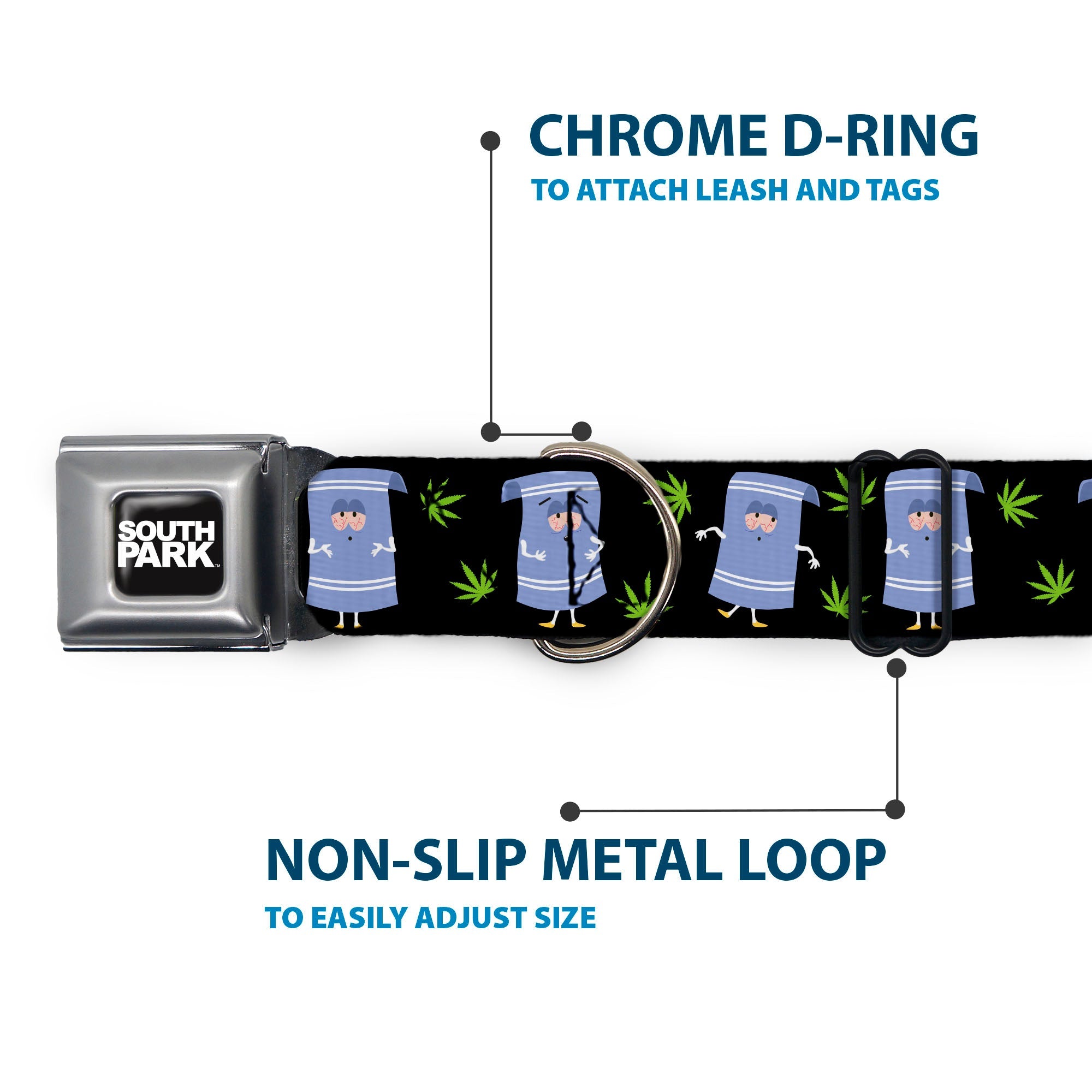 SOUTH PARK Title Logo Full Color Black/White Seatbelt Buckle Collar - South Park Towlie and Scattered Pot Leaves Black