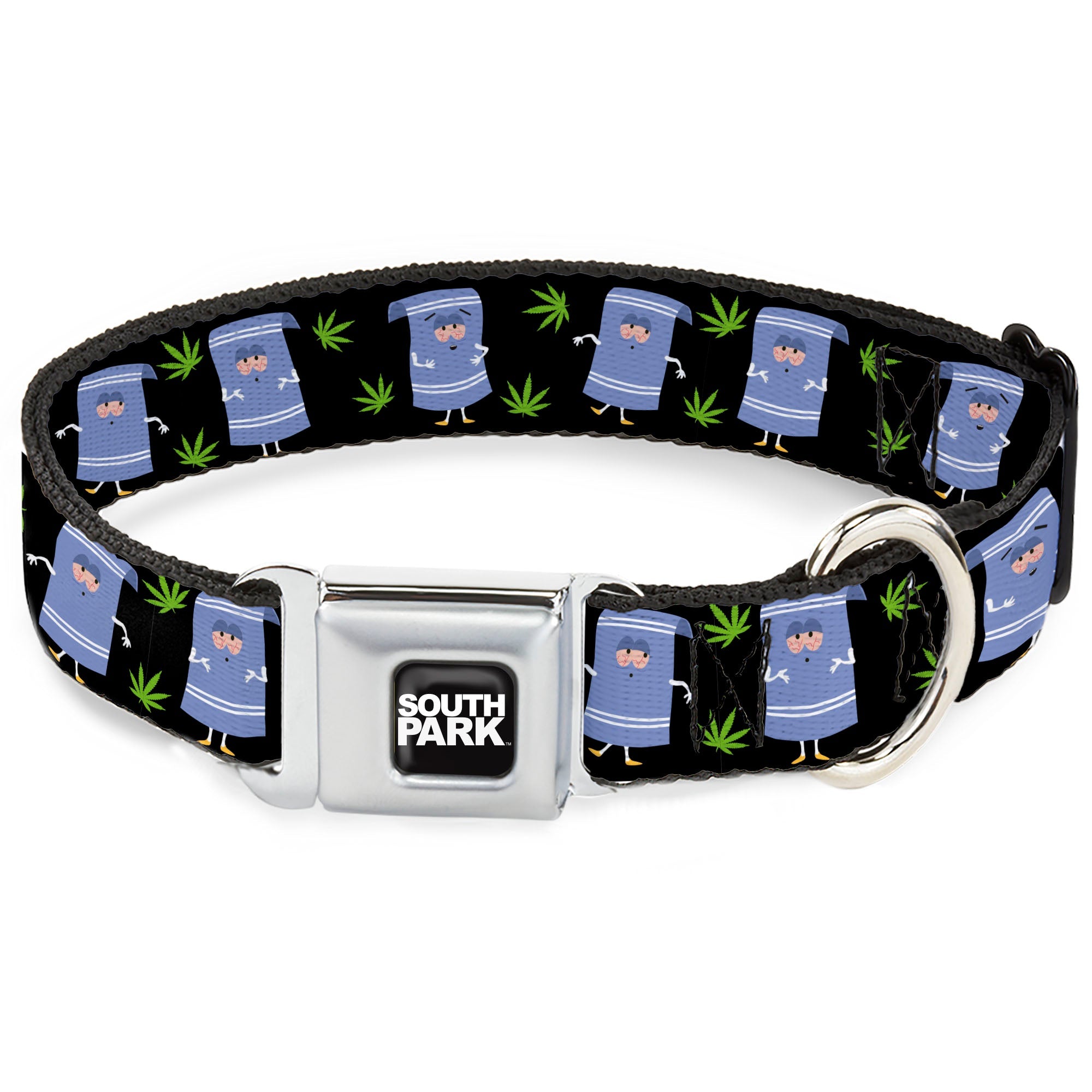 SOUTH PARK Title Logo Full Color Black/White Seatbelt Buckle Collar - South Park Towlie and Scattered Pot Leaves Black