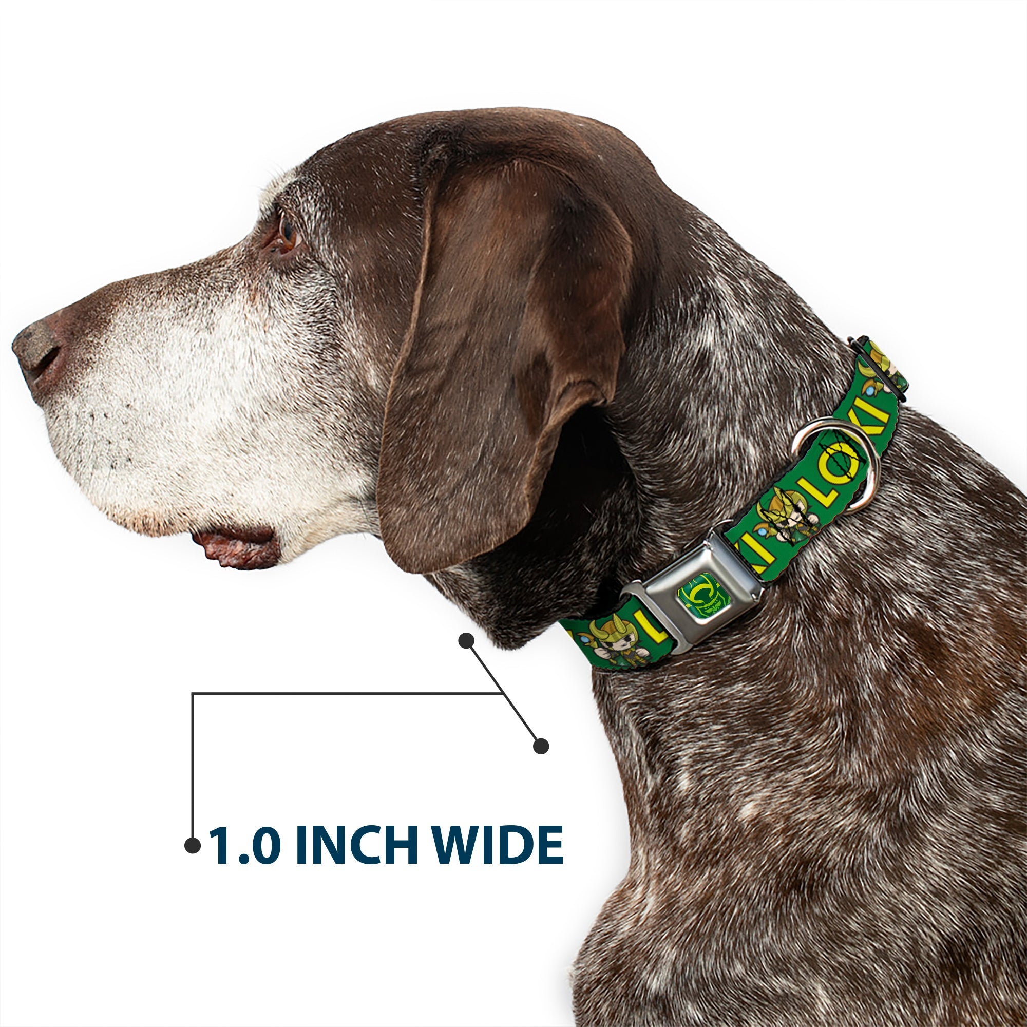 Loki Face Icon Full Color Yellow/Greens Seatbelt Buckle Collar - Kawaii LOKI Standing Pose/Text Green/Yellow