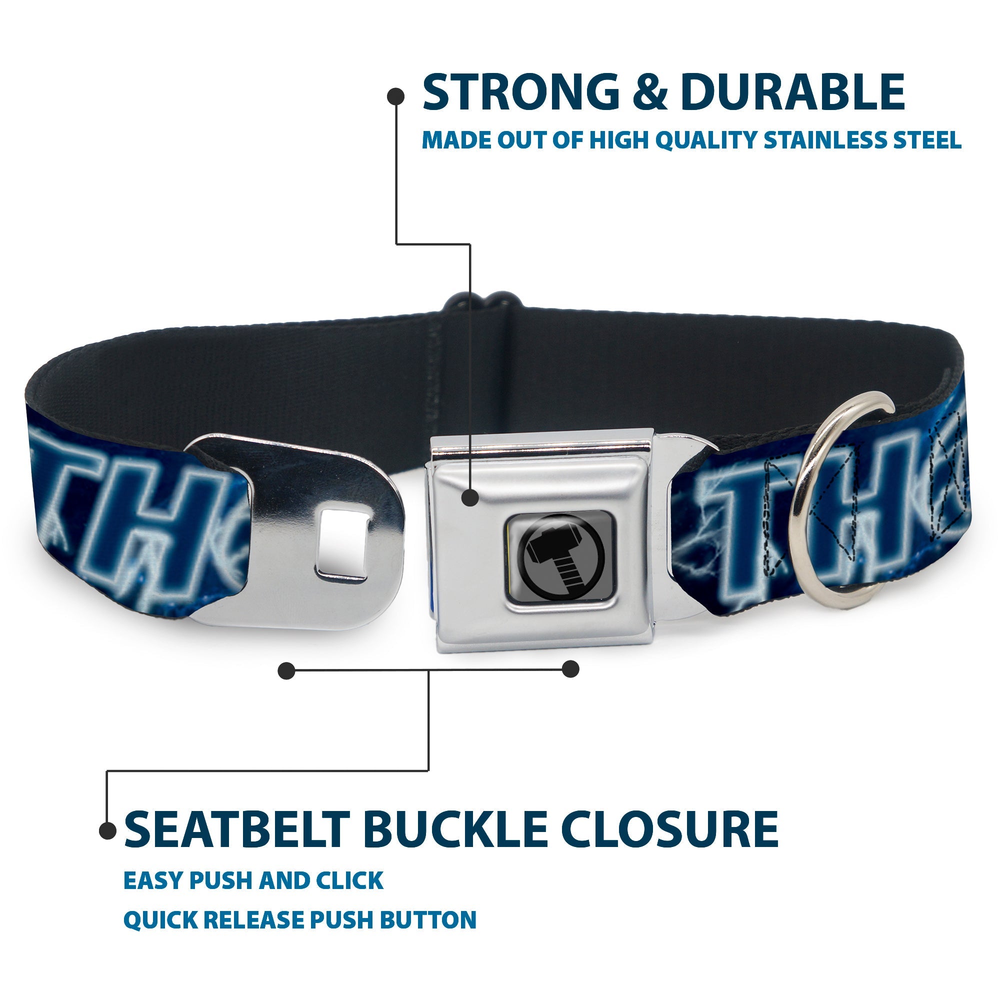 Thor Avengers Icon Silver/Black Seatbelt Buckle Collar - Avengers THOR Hammer/Action Pose Galaxy Blues/White