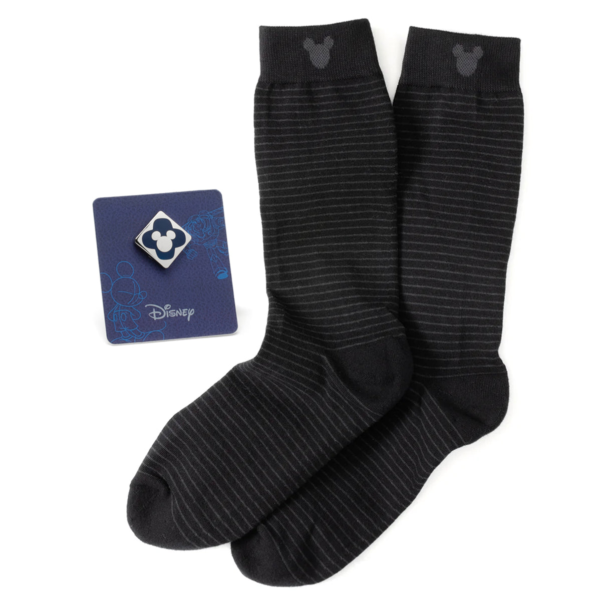 Disney Mickey Mouse Silhouette Stripe Sock and Mickey Blue Lapel Pin Gift Set
