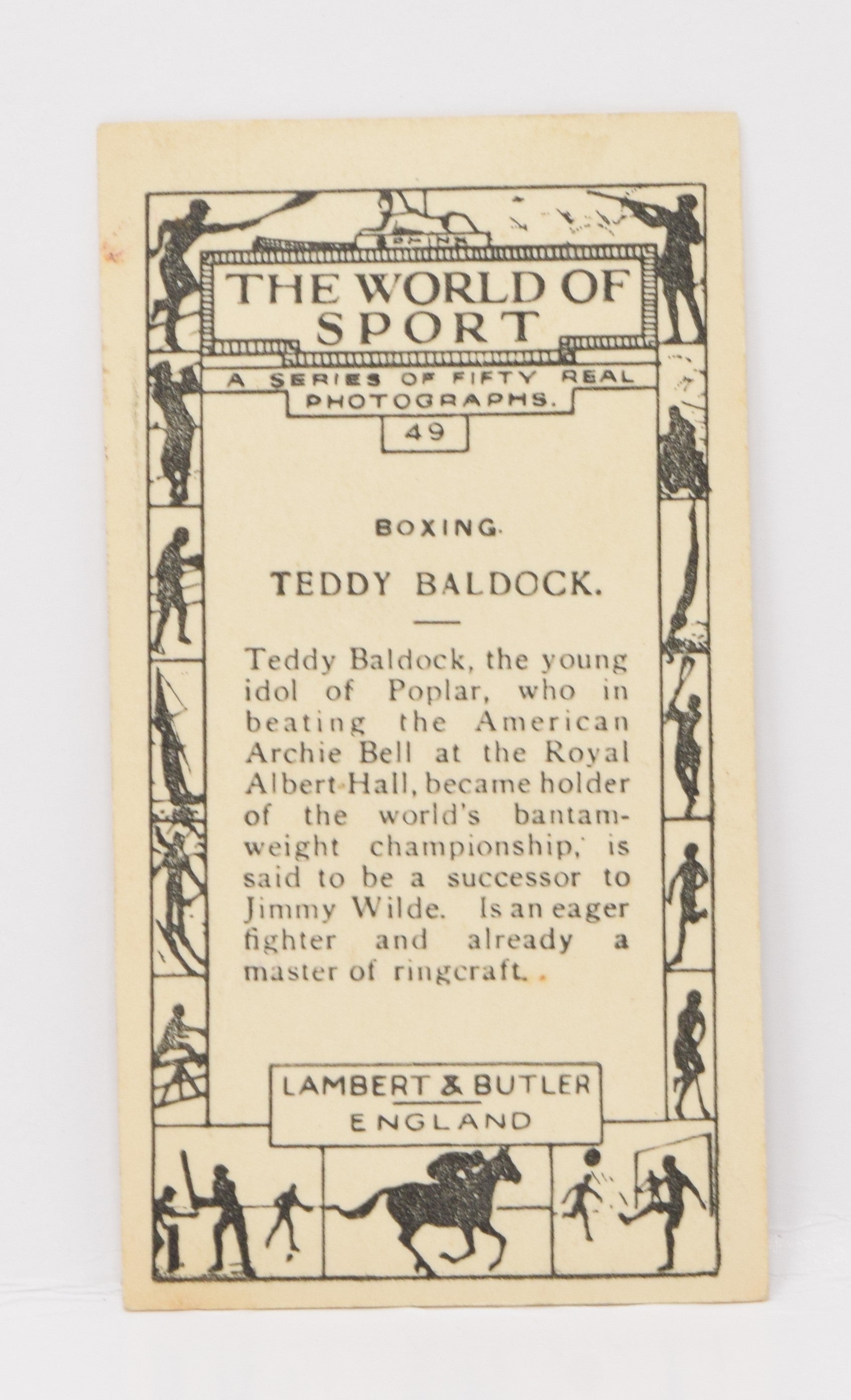 Teddy Baldock #49 Labert Butler World Of Sport Cigarette Card Boxing Boxer  1928