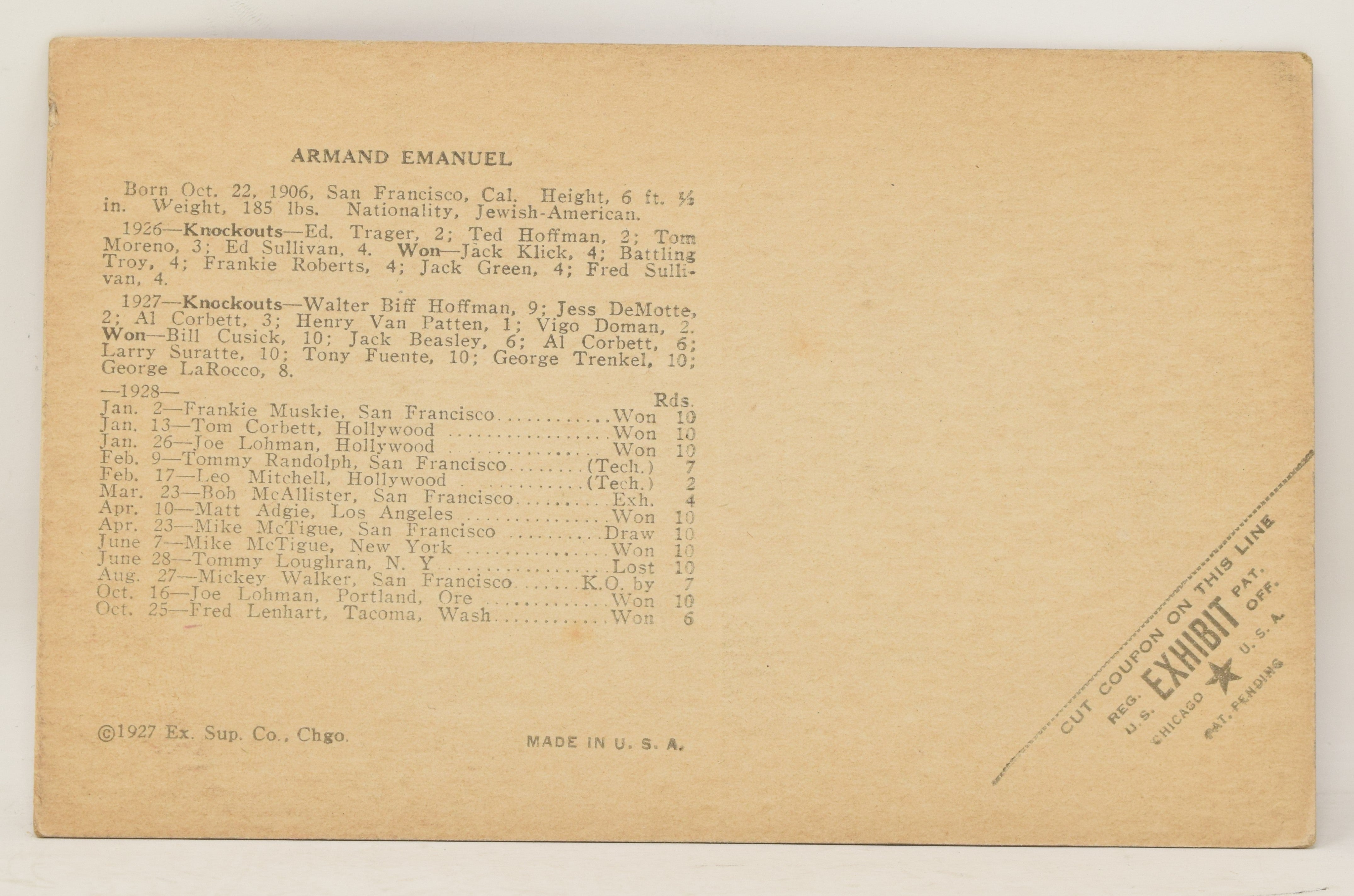 Armand Emanuel Boxing Exhibit Card Postcard Penny Arcade Photo 1927 5 x 3