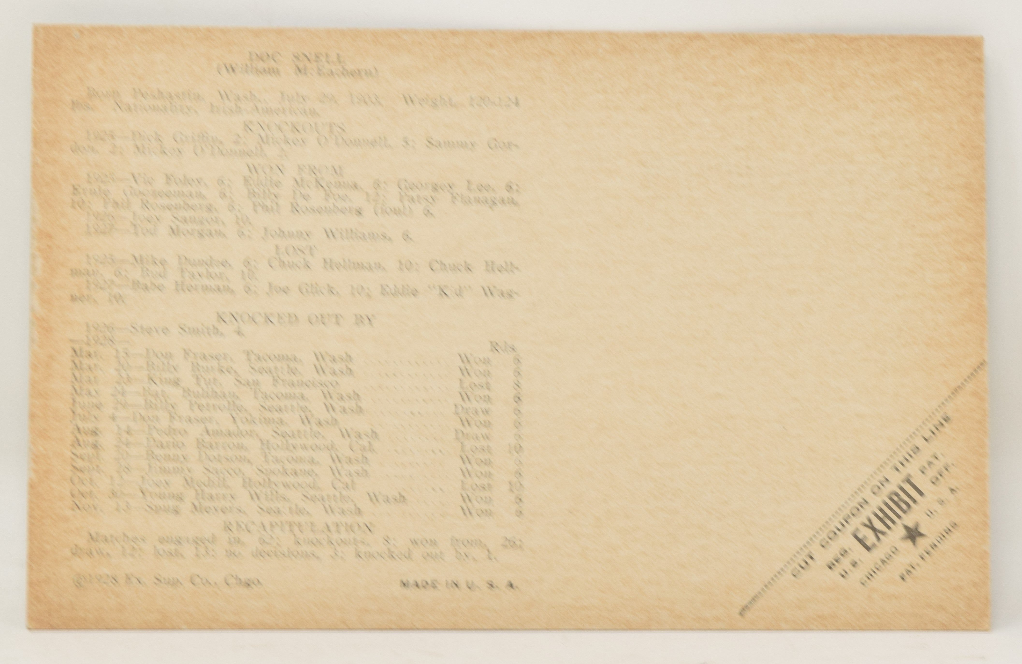 Doc Snell Boxing Exhibit Card Postcard Penny Arcade Photo 1928 5 x 3